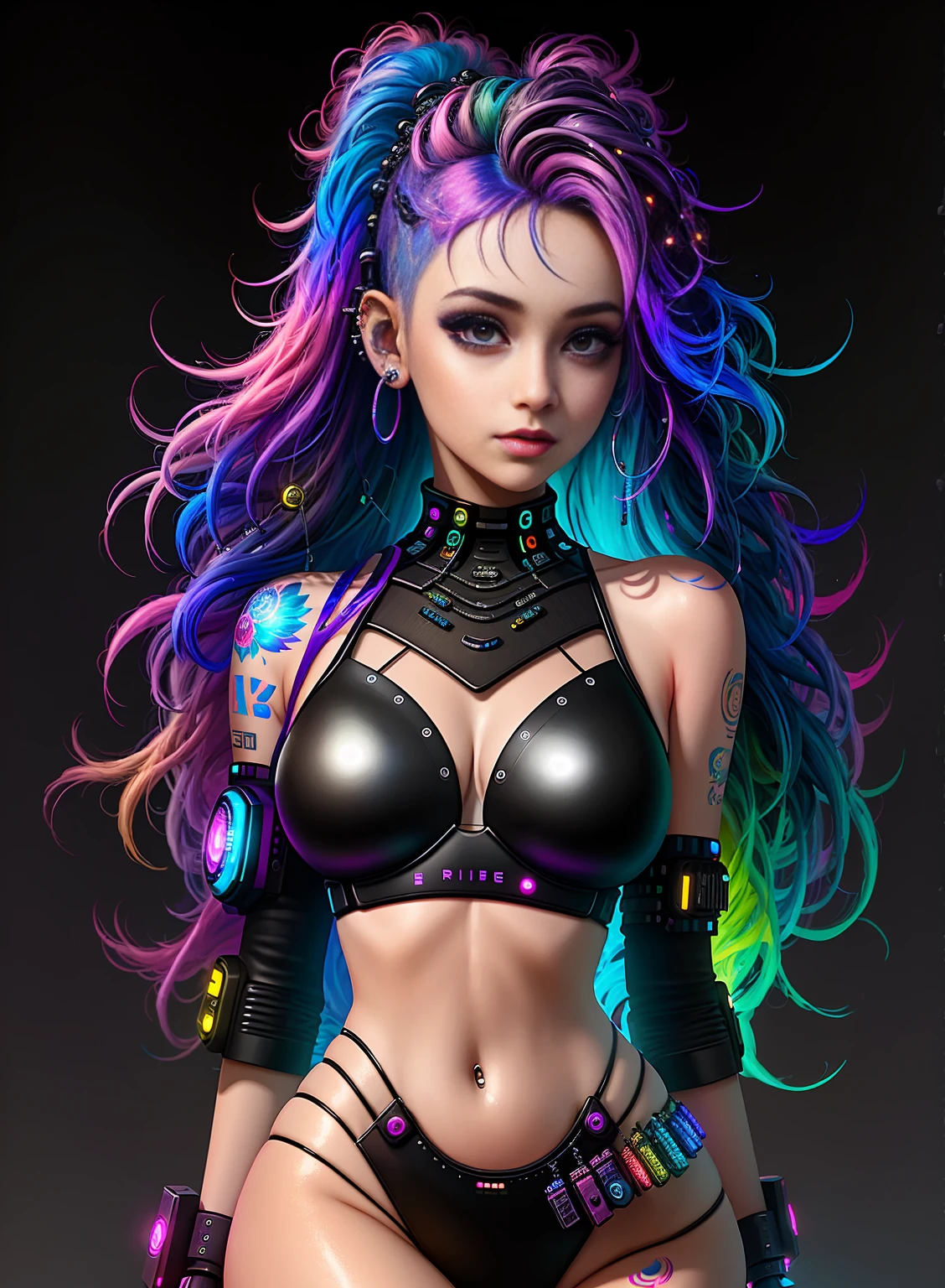 ((best quality)), ((masterpiece)), ((realistic)), (detailed), (1 girl) full body woman with colorful hair and piercings, dreamy cyberpunk girl, 4K high-detail digital art, stunning digital illustration, stunning 8K artwork, colorful digital fantasy art, colorful and dark, beautiful digital artwork, colorful digital painting, cyberpunk digital anime art, girl with luminous wave, 8K HD digital wallpaper art, gorgeous digital painting