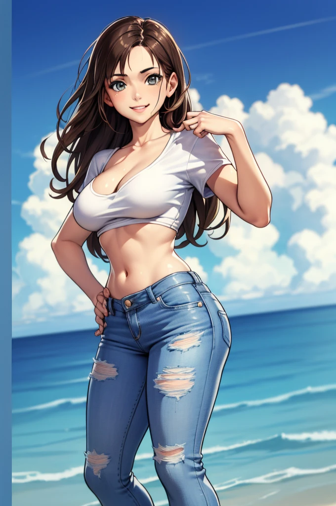 1girl, solo, long hair, breasts, smile, large breasts, brown hair, shirt, navel, cleavage, brown eyes, collarbone, white shirt, short sleeves, midriff, pants, lips, crop top, hand on hip, looking to the side, blue background, denim, jeans, nose, masterpiece, best quality, highly detailed