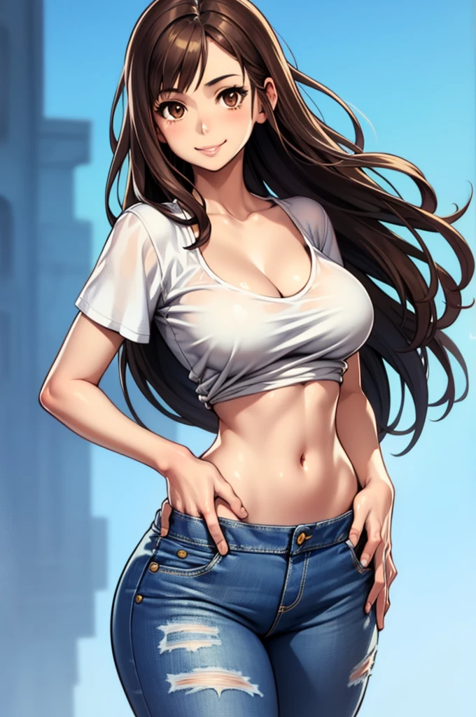 1girl, solo, long hair, breasts, smile, large breasts, brown hair, shirt, navel, cleavage, brown eyes, collarbone, white shirt, short sleeves, midriff, pants, lips, crop top, hand on hip, looking to the side, blue background, denim, jeans, nose, masterpiece, best quality, highly detailed