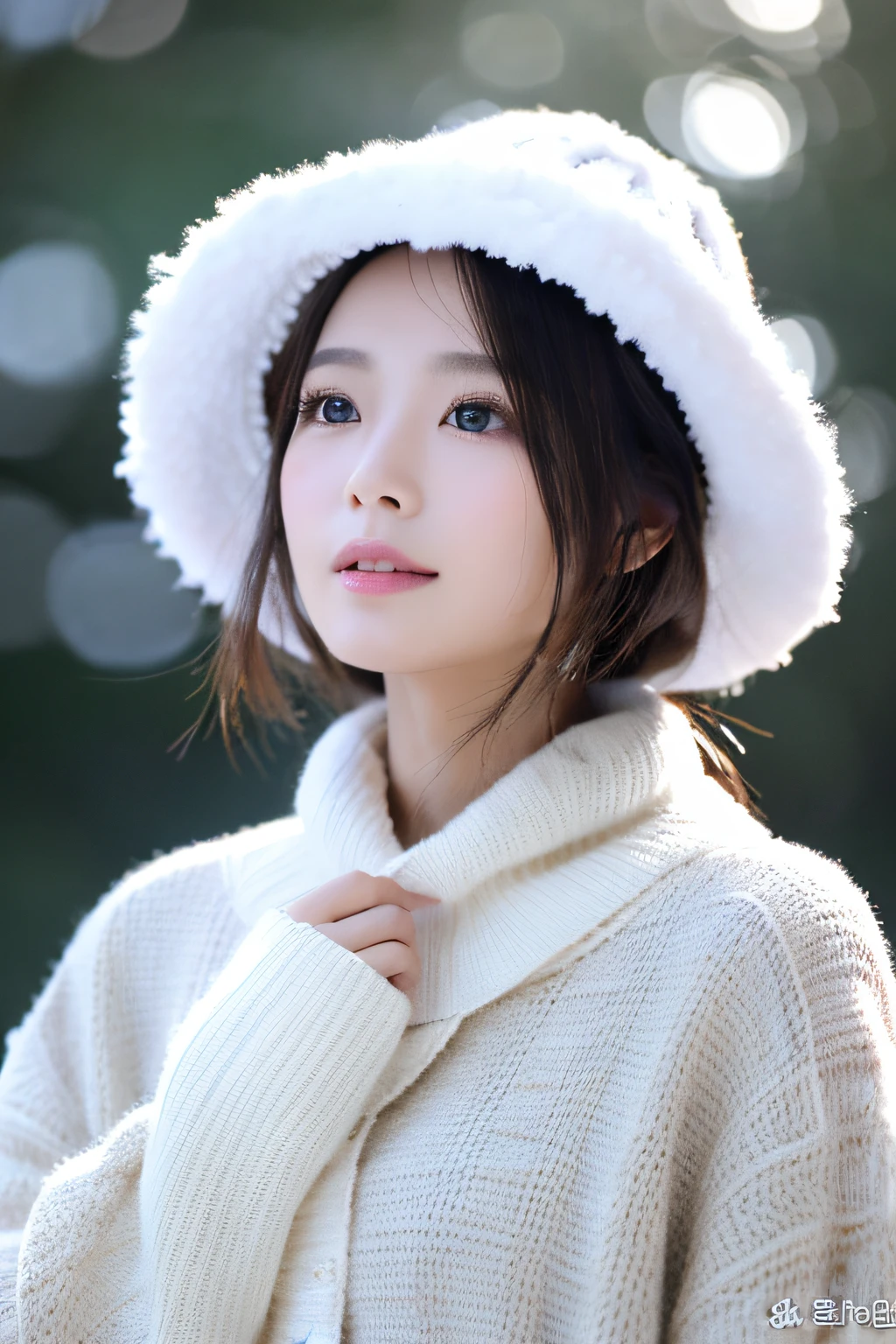 ((top-quality、8K、masuter piece:1.3))、(Beautiful, Realistic Japan),1 female、Winter coat、(爆乳:1.2)、muffler、Yarn hat、gloves、hyperdetailed face、High detailed lips、A detailed eye、二重まぶた 、snowflakes falling、White breath、sideways Facing、look up sky、large tree、naturey、kou、a white world、White sweetheart、love letter、First love、