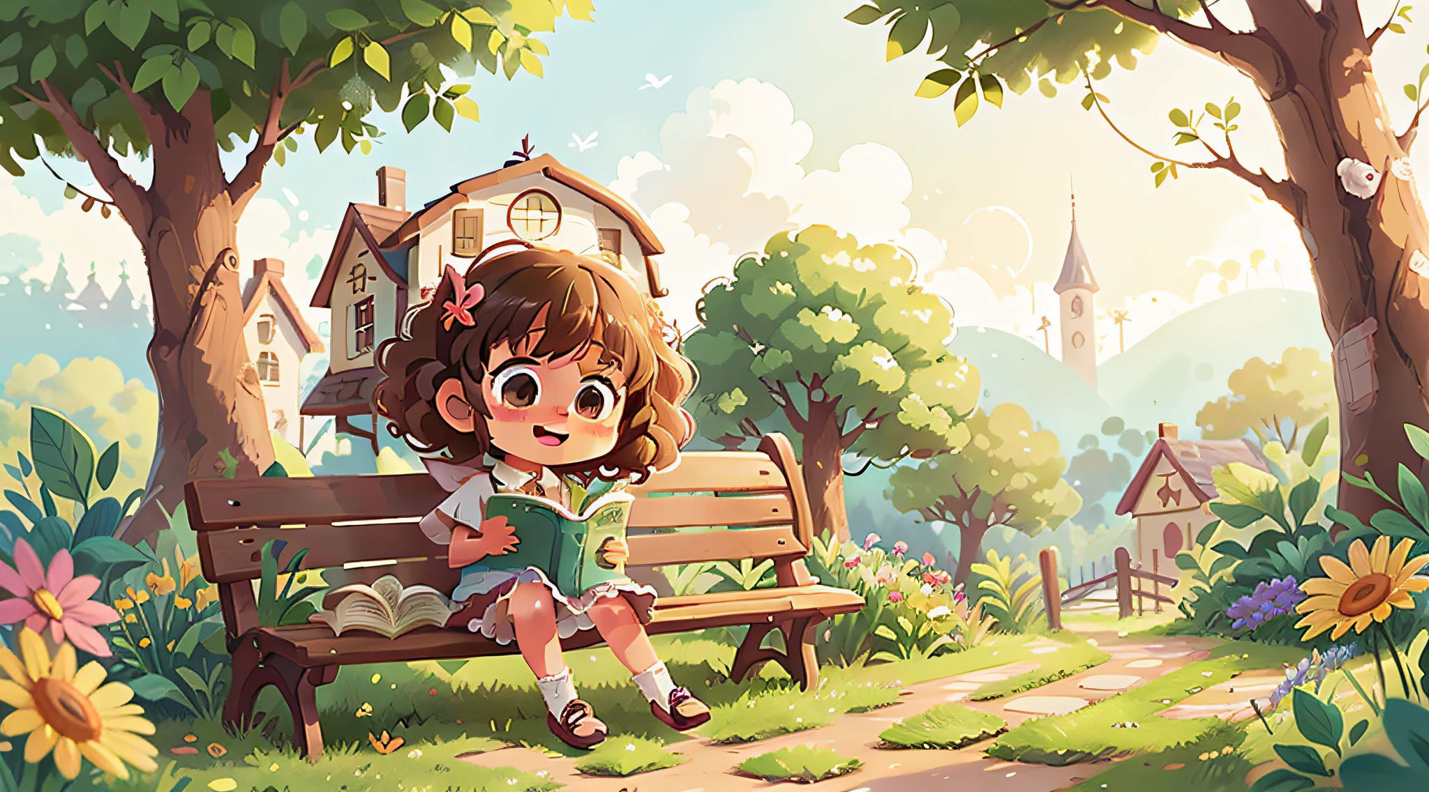 anime girl looking excited, sitting on a bench, reading a gardening magazine, curly hair, cute detailed digital art, cute art style, adorable digital painting, childrens art in artstation, cute digital art, cute detailed artwork, rounded house and cute character, fairy-tale illustration style, cute illustration, cute storybook illustration, cute artwork, a beautiful artwork illustration, official illustration, cute character