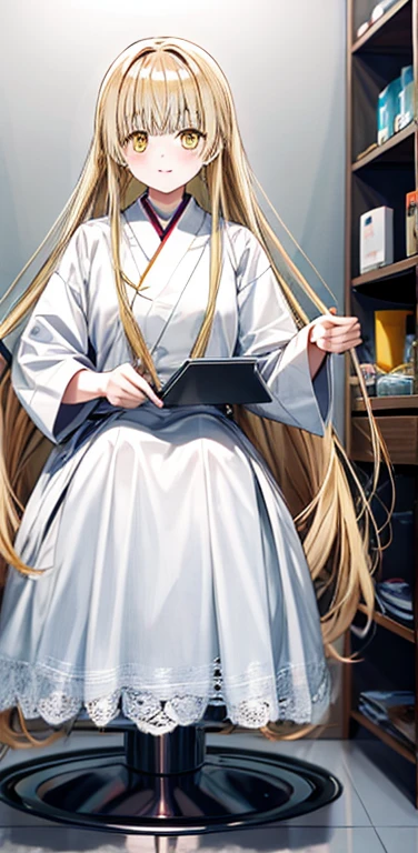 mahiru shiina, blonde hair, yellow eyes, in the salon