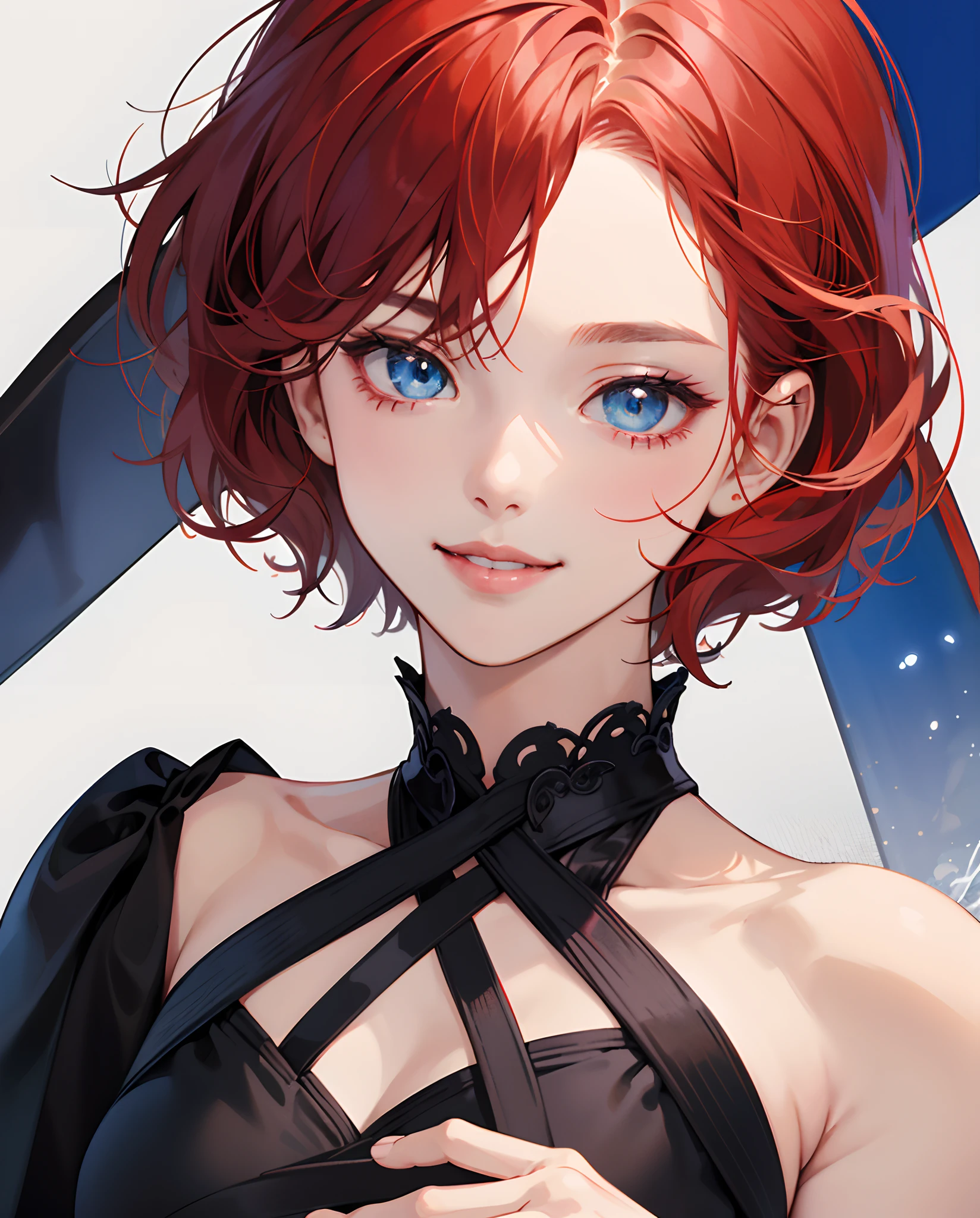 Young girl, short red hair, fox ears, blue eyes, old Russian shirt, smile, open shoulders, chest neckline, masterpiece, high quality