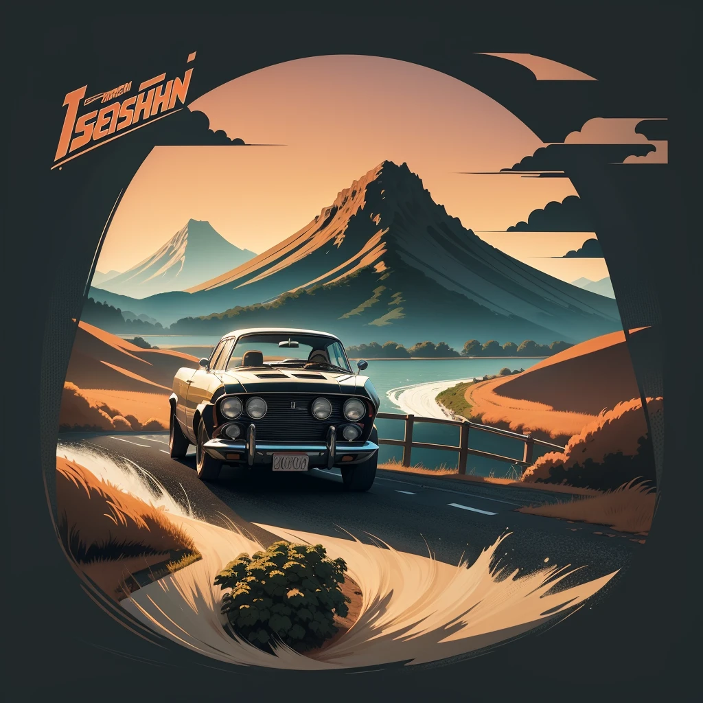 T-shirt design, genshin impact graphic, vector, a vintage car with a scenic landscape in the background, detailed illustration, and retro style