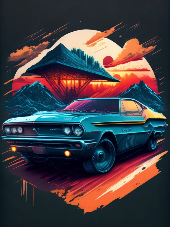 "carro, paisagem urbana exuberante, design de camiseta estilizado, meio da jornada, arte vetorial vibrante, hydro74"