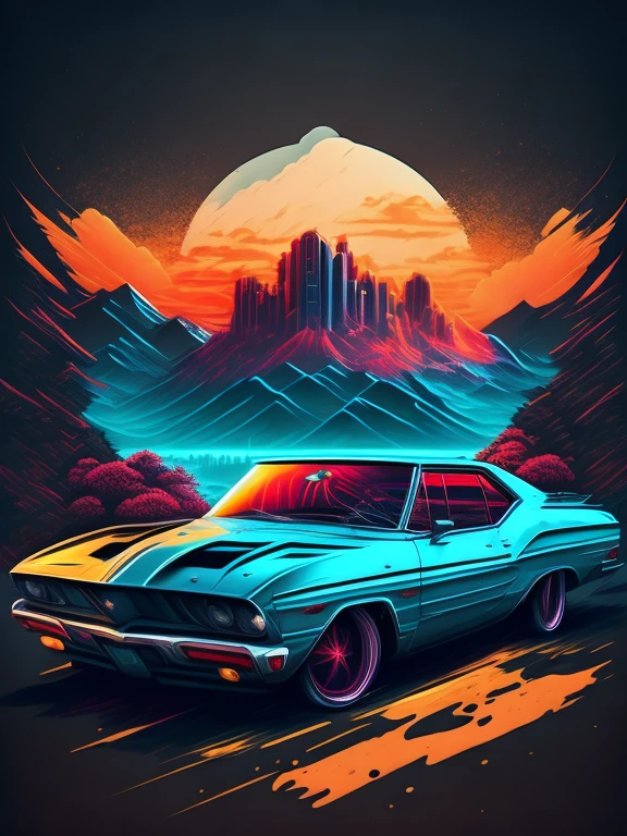 "carro, paisagem urbana exuberante, design de camiseta estilizado, meio da jornada, arte vetorial vibrante, hydro74"