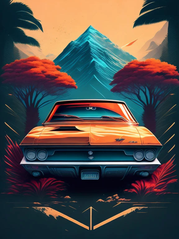 "carro, paisagem urbana exuberante, design de camiseta estilizado, meio da jornada, arte vetorial vibrante, hydro74"