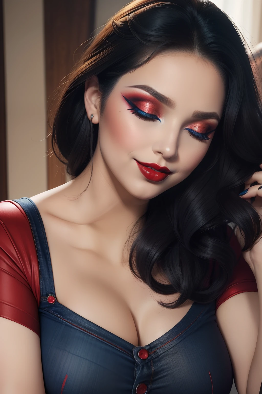 1 beautiful woman, face portrait, ((Very Intense Makeup)), smiling, ((red lipstick)), ((woman in makeup)), Voluptuous Woman, blue t-shirt, blue jeans, chubby woman, eyes closed