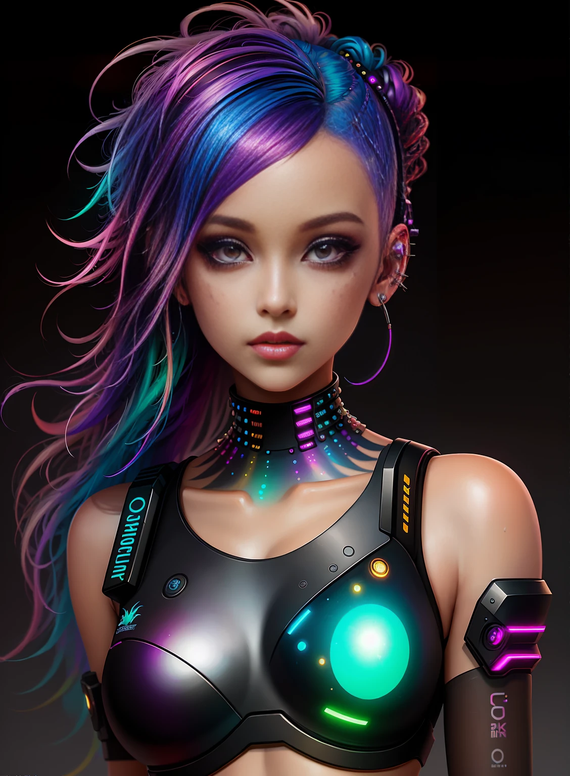 ((best quality)), ((masterpiece)), ((realistic)), (detailed), (1 girl), ((full body:1.4)), woman with colorful hair and piercings, dreamy cyberpunk girl, 4K high-detail digital art, stunning digital illustration, stunning 8K artwork, colorful digital fantasy art, colorful and dark, beautiful digital artwork, colorful digital painting, cyberpunk digital anime art, girl with luminous wave, 8K HD digital wallpaper art, gorgeous digital painting