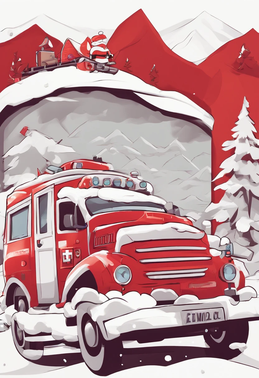 a close-up of a red and white ambulance on a conveyor belt, ambulance, playing with a small firetruck, flying emergency vehicles, cut-scene, holiday season, christmas, kids, stuck, detailed scene, gameplay, a firetruck at night, trailer, truck, surprise, episode, a car, 2d side scrolling game, emergency, santa's workshop, carved wooden window, wood interior, ribbed wooden wall, Christmas atmosphere