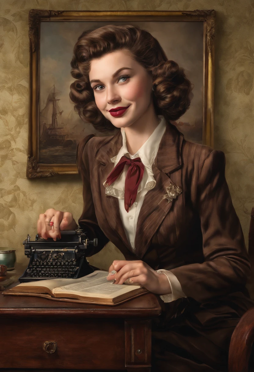 1940s era thin modest woman thin, short very curly bob victory rolls, sitting in a victorian dark gothic livingroom, she is holding a framed photo of a smiling world war 2 photo, she is smiling with slightly crooked teeth, long oval face, thin eyebrows, structured brown suit with kneelenth skirt, with a bible on the desk and a cross on a wall,