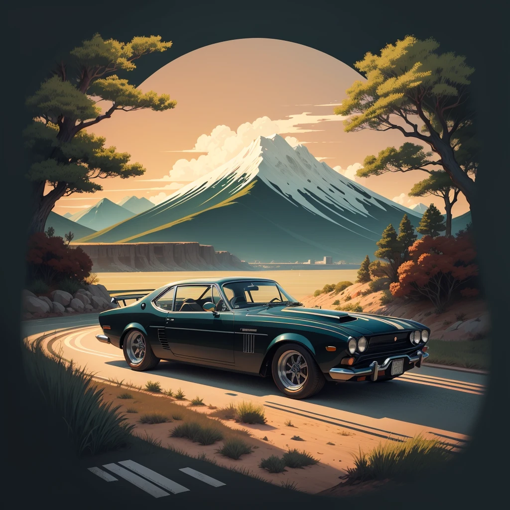 T-shirt design, genshin impact graphic, vector, a vintage car with a scenic landscape in the background, detailed illustration, and retro style