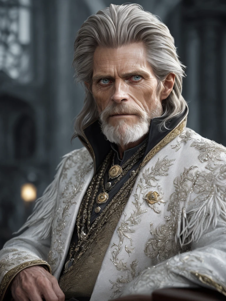 (Highest quality:1.3), cinematic shot, masterpiece, (sharp focus:1.5), (photorealistic:1.3), medium portrait of (a weary-looking but still proud and fierce-looking old Willem DaFoe, now the leader of his village, dressed in elaborately detailed (white suit:1.1), in the lavish castle, giving the scene a dark atmosphere but sculpting the forms in sharp chiaroscuro), it is night time, (highly detailed skin), (detailed face), detailed background, dark lighting, twilight lighting, volumetric lighting, intricate details, UHD,