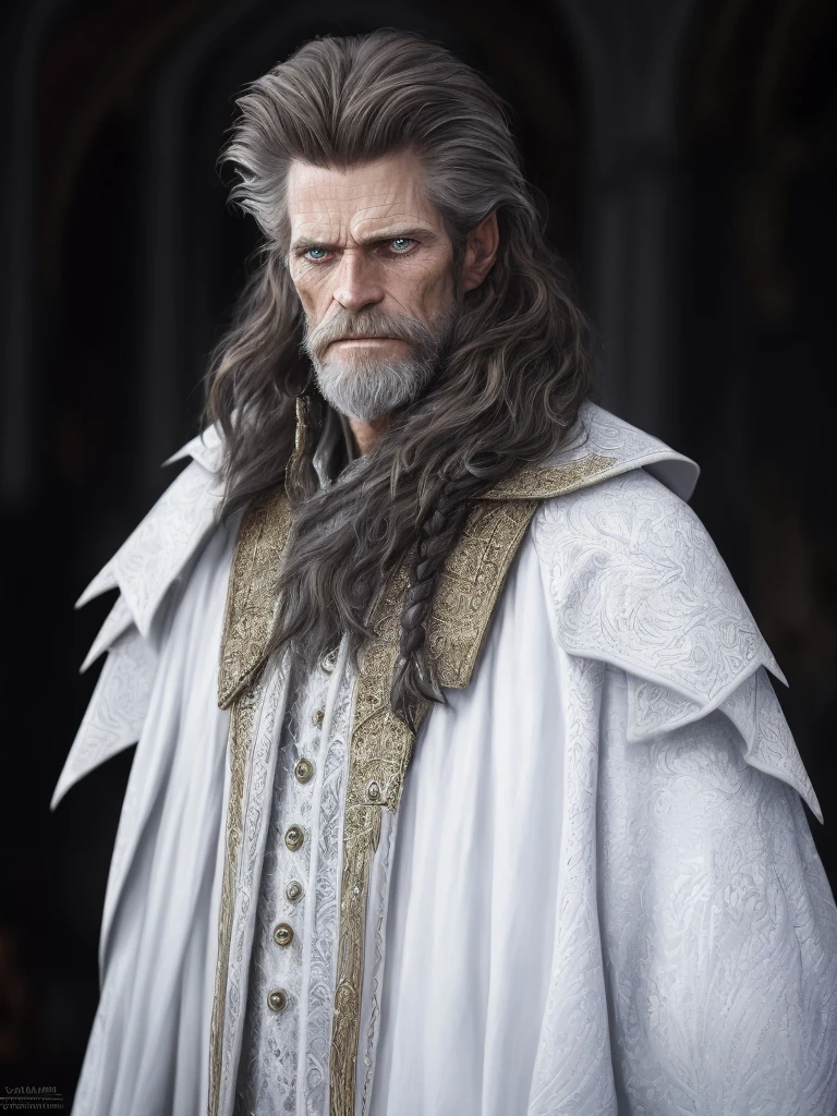 (Highest quality:1.3), cinematic shot, masterpiece, (sharp focus:1.5), (photorealistic:1.3), medium portrait of (a weary-looking but still proud and fierce-looking old Willem DaFoe, now the leader of his village, dressed in elaborately detailed (white suit:1.1), in the lavish castle, giving the scene a dark atmosphere but sculpting the forms in sharp chiaroscuro), it is night time, (highly detailed skin), (detailed face), detailed background, dark lighting, twilight lighting, volumetric lighting, intricate details, UHD,