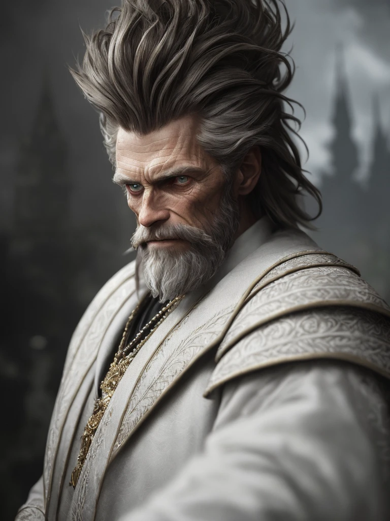(Highest quality:1.3), cinematic shot, masterpiece, (sharp focus:1.5), (photorealistic:1.3), medium portrait of (a weary-looking but still proud and fierce-looking old Willem DaFoe, now the leader of his village, dressed in elaborately detailed (white suit:1.1), in the lavish castle, giving the scene a dark atmosphere but sculpting the forms in sharp chiaroscuro), it is night time, (highly detailed skin), (detailed face), detailed background, dark lighting, twilight lighting, volumetric lighting, intricate details, UHD,
