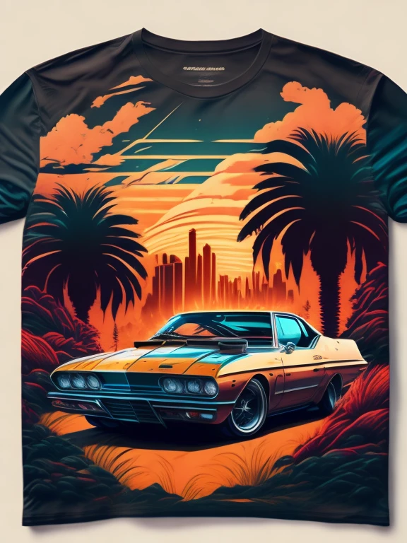 "carro, paisagem urbana exuberante, design de camiseta estilizado, meio da jornada, arte vetorial vibrante, hydro74"