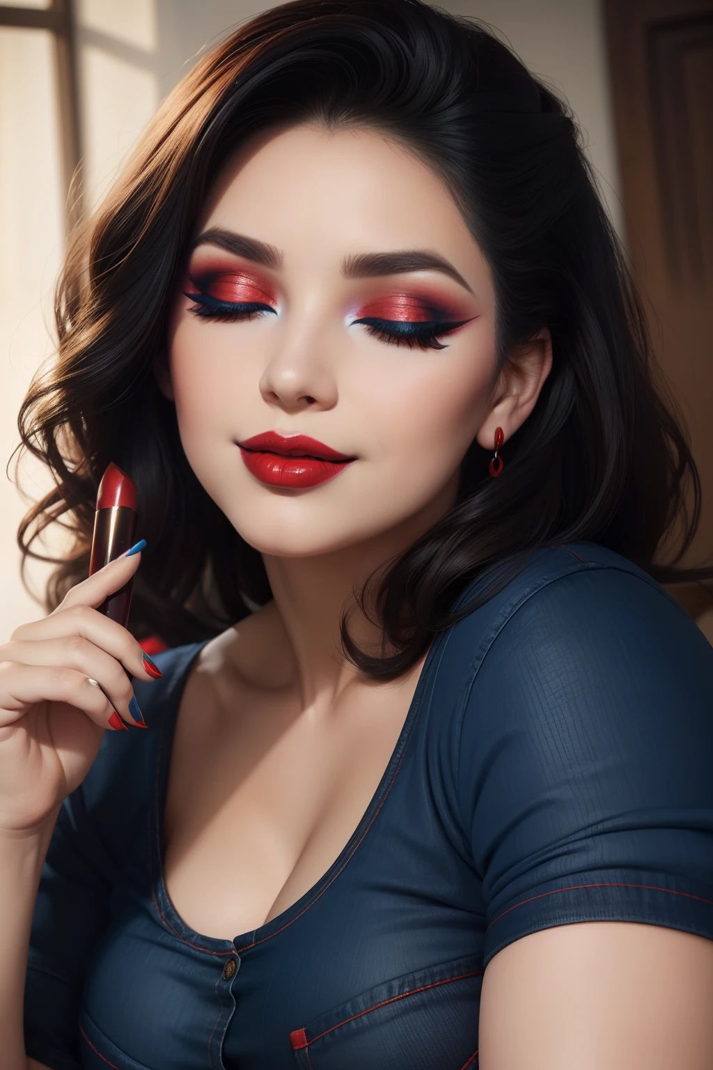 1 beautiful woman, face portrait, ((Very Intense Makeup)), smiling, ((red lipstick)), ((woman in makeup)), Voluptuous Woman, blue t-shirt, blue jeans, chubby woman, eyes closed