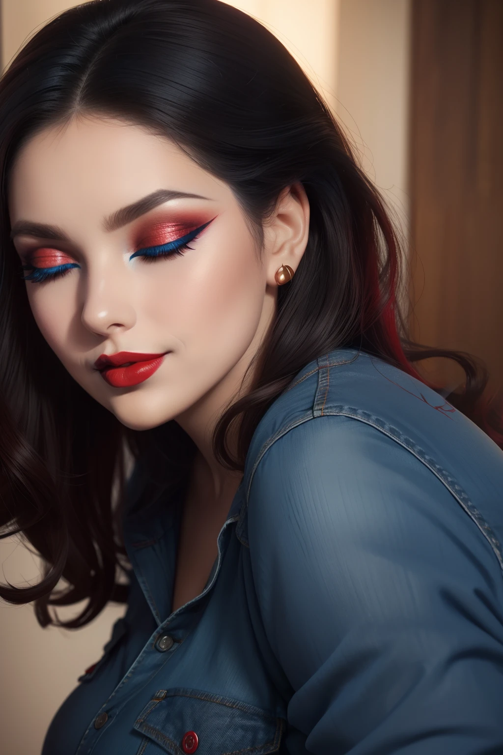 1 beautiful woman, face portrait, ((Very Intense Makeup)), smiling, ((red lipstick)), ((woman in makeup)), Voluptuous Woman, blue t-shirt, blue jeans, chubby woman, eyes closed