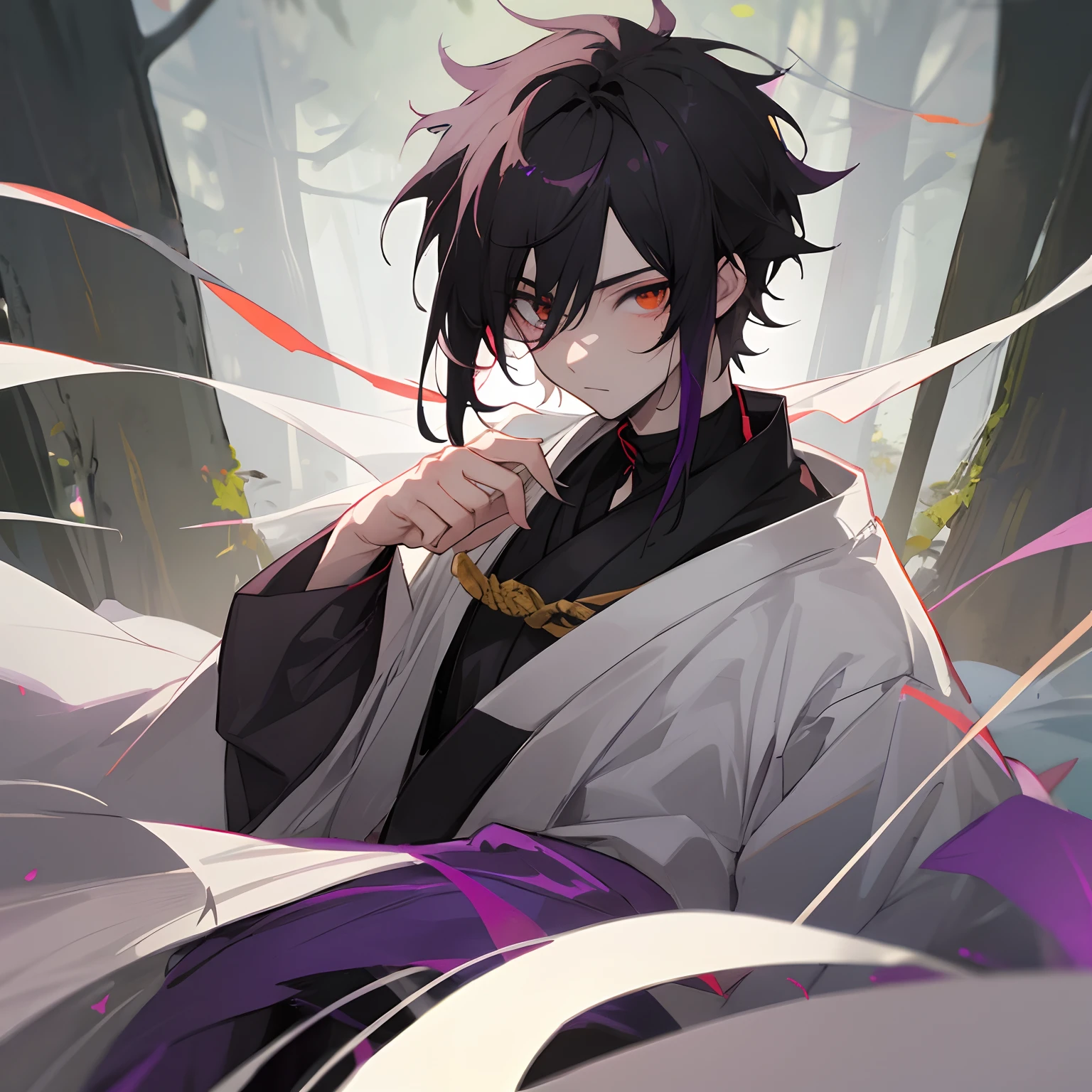 1male , Young Male , White Haori with a black shirt underneath, Messy Black Hair , Heterochromia Eyes , One Purple eye one yellow eye,Pale Skin , Forest Background , ninja clothing