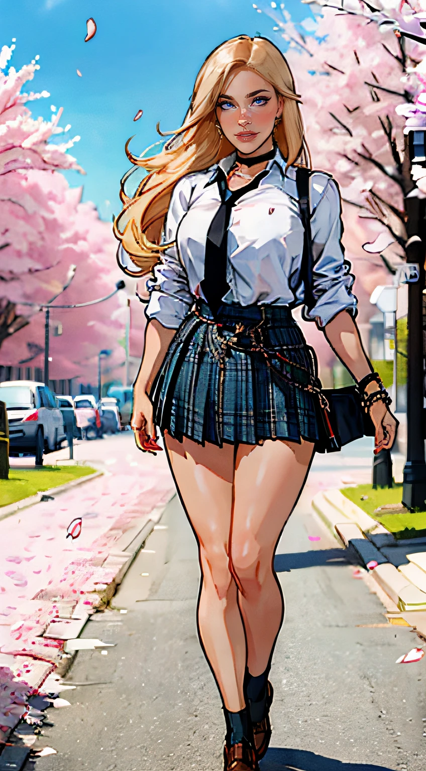 ch3rryg1g, masterpiece, best quality, full body, 1girl, bangs, black choker, black necktie, blonde hair, blue skirt, blush, bracelet, breasts, choker, clothes around waist, collarbone, collared shirt, cowboy shot, dress shirt, ear piercing, eyebrows visible through hair, gradient hair, grin, gyaru, jewelry, kogal, long hair, looking at viewer, loose necktie, necktie, piercing, plaid, plaid skirt, pleated skirt, red eyes, ring, school uniform, shirt, skirt, smile, solo, white shirt, street, sky, cherry blossoms, petals,illustration, fashionable, woman, vibrant, outfit, posing, confident, expression, attention-grabbing, fashion,