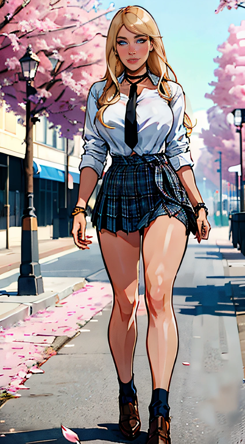 ch3rryg1g, masterpiece, best quality, full body, 1girl, bangs, black choker, black necktie, blonde hair, blue skirt, blush, bracelet, breasts, choker, clothes around waist, collarbone, collared shirt, cowboy shot, dress shirt, ear piercing, eyebrows visible through hair, gradient hair, grin, gyaru, jewelry, kogal, long hair, looking at viewer, loose necktie, necktie, piercing, plaid, plaid skirt, pleated skirt, red eyes, ring, school uniform, shirt, skirt, smile, solo, white shirt, street, sky, cherry blossoms, petals,illustration, fashionable, woman, vibrant, outfit, posing, confident, expression, attention-grabbing, fashion,