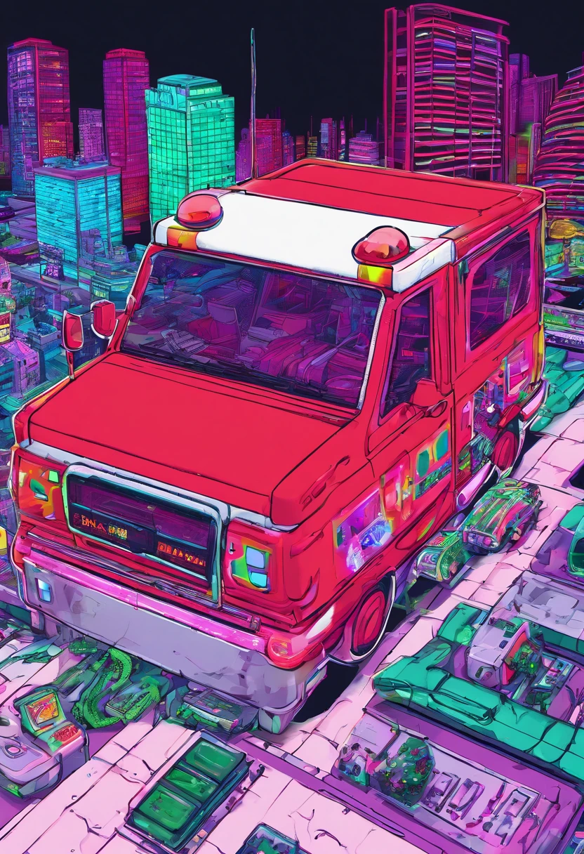 a close-up of a red and white ambulance on a conveyor belt, ambulance, playing with a small firetruck, flying emergency vehicles, cut-scene, holiday season, christmas, kids, stuck, detailed scene, gameplay, a firetruck at night, trailer, truck, surprise, episode, a car, 2d side scrolling game, emergency, santa's workshop, carved wooden window, wood interior, ribbed wooden wall, Christmas atmosphere