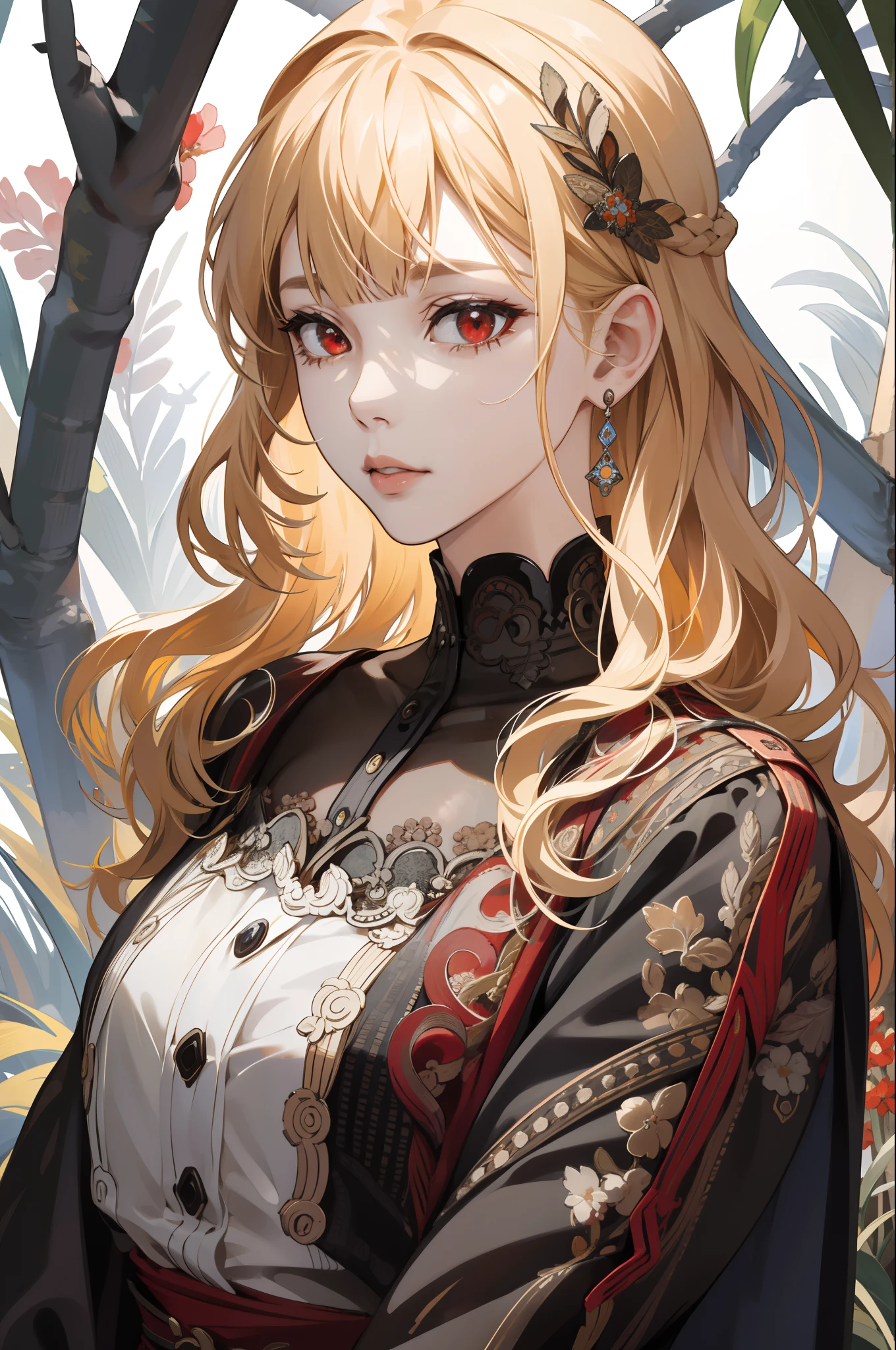 (absurdres, highres, ultra detailed), 1girl, mature female, wavy hair, long blonde hair, blunt bangs, red eyes, dress, long sleeves, finely detailed eyes and detailed face, intricate details, BREAK mosaic art, small pieces, colorful tesserae, intricate patterns, tiled designs, durable surfaces, time-honored techniques BREAK macro photography, extreme close-up, intricate details, magnified textures, stunning clarity, hidden beauty, immersive perspective BREAK , artisanal creations, handmade goods, unique designs, intricate details, creative expression, skilled craftsmanship, cowboy shot