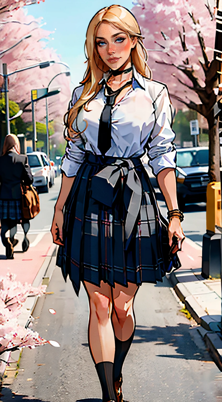 ch3rryg1g, masterpiece, best quality, full body, 1girl, bangs, black choker, black necktie, blonde hair, blue skirt, blush, bracelet, breasts, choker, clothes around waist, collarbone, collared shirt, cowboy shot, dress shirt, ear piercing, eyebrows visible through hair, gradient hair, grin, gyaru, jewelry, kogal, long hair, looking at viewer, loose necktie, necktie, piercing, plaid, plaid skirt, pleated skirt, red eyes, ring, school uniform, shirt, skirt, smile, solo, white shirt, street, sky, cherry blossoms, petals, fashionable, woman, outfit, posing, confident, expression, attention-grabbing, fashionable,