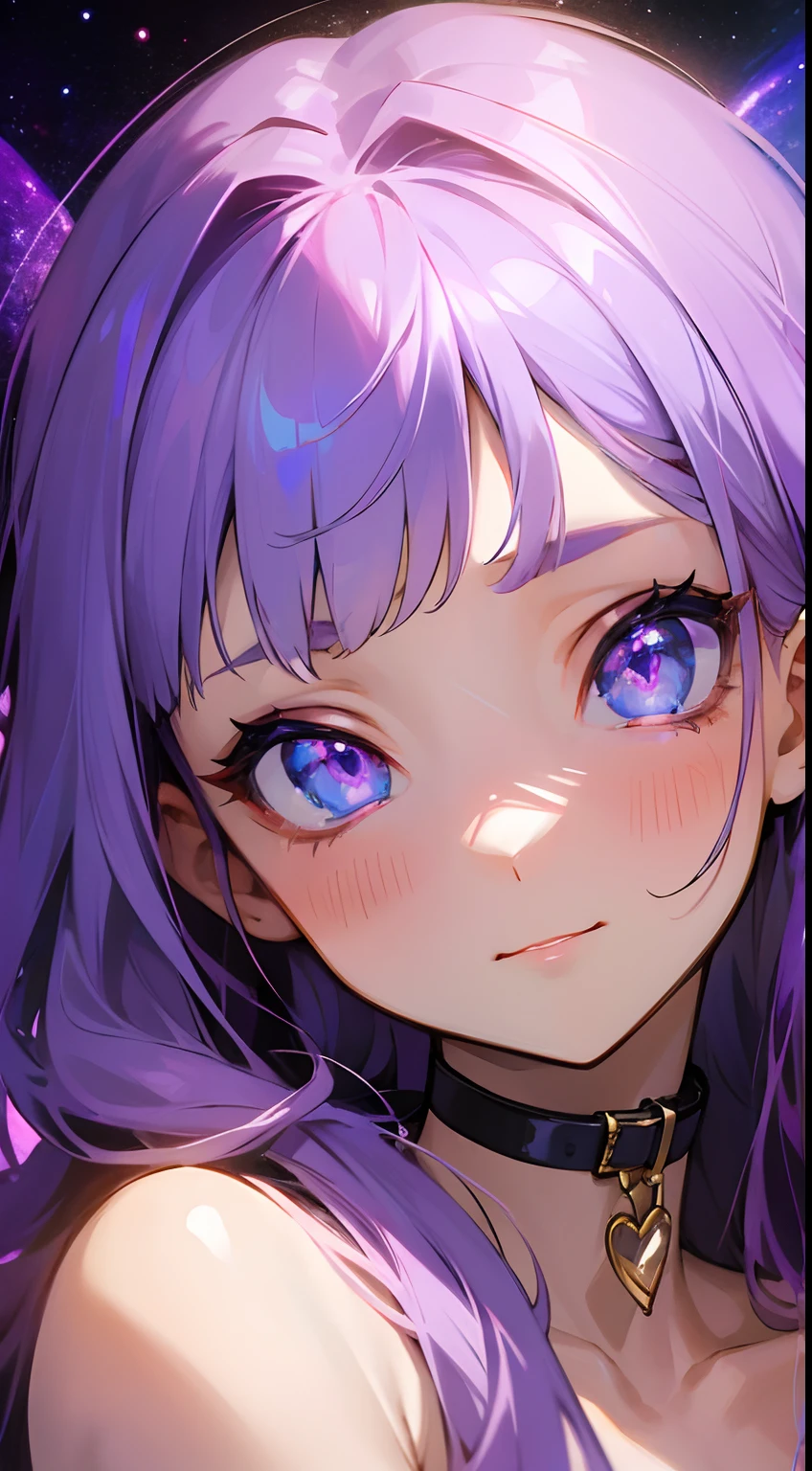 (masterpiece), best quality, (cute girl ), (eye focus), expressive eyes, perfect face, purple hair, collar, gorgeous eyes, galaxy eyes, cosmic eyes,sparkling eyes, breath taking, cute, soft expression, perfect skin,intimate moment, embarassed, smilling