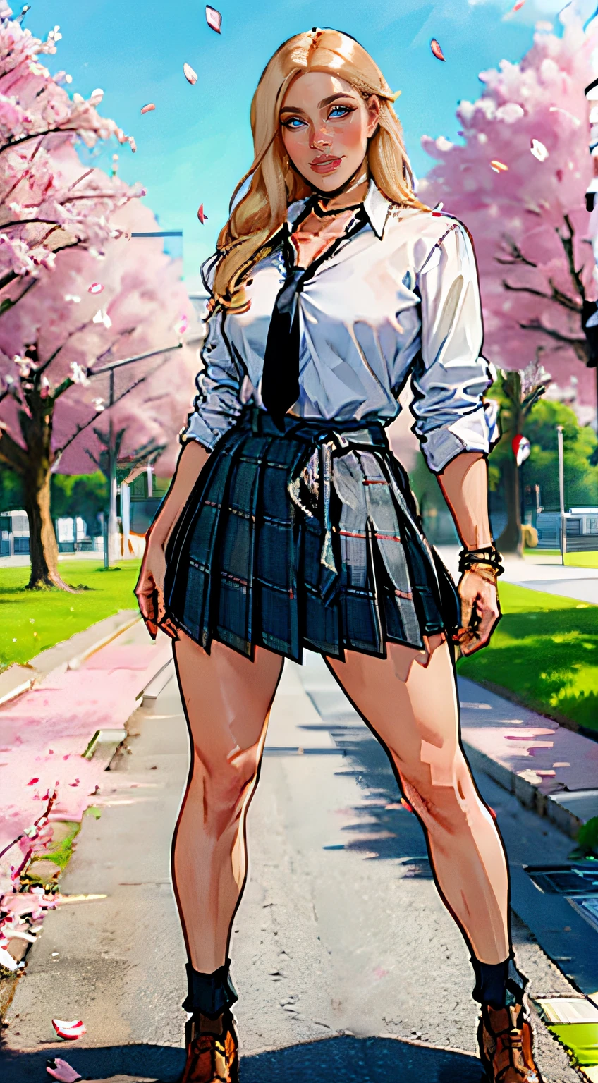 ch3rryg1g, masterpiece, best quality, full body, 1girl, bangs, black choker, black necktie, blonde hair, blue skirt, blush, bracelet, breasts, choker, clothes around waist, collarbone, collared shirt, cowboy shot, dress shirt, ear piercing, eyebrows visible through hair, gradient hair, grin, gyaru, jewelry, kogal, long hair, looking at viewer, loose necktie, necktie, piercing, plaid, plaid skirt, pleated skirt, red eyes, ring, school uniform, shirt, skirt, smile, solo, white shirt, street, sky, cherry blossoms, petals, fashionable, woman, outfit, posing, confident, expression, attention-grabbing, fashionable,