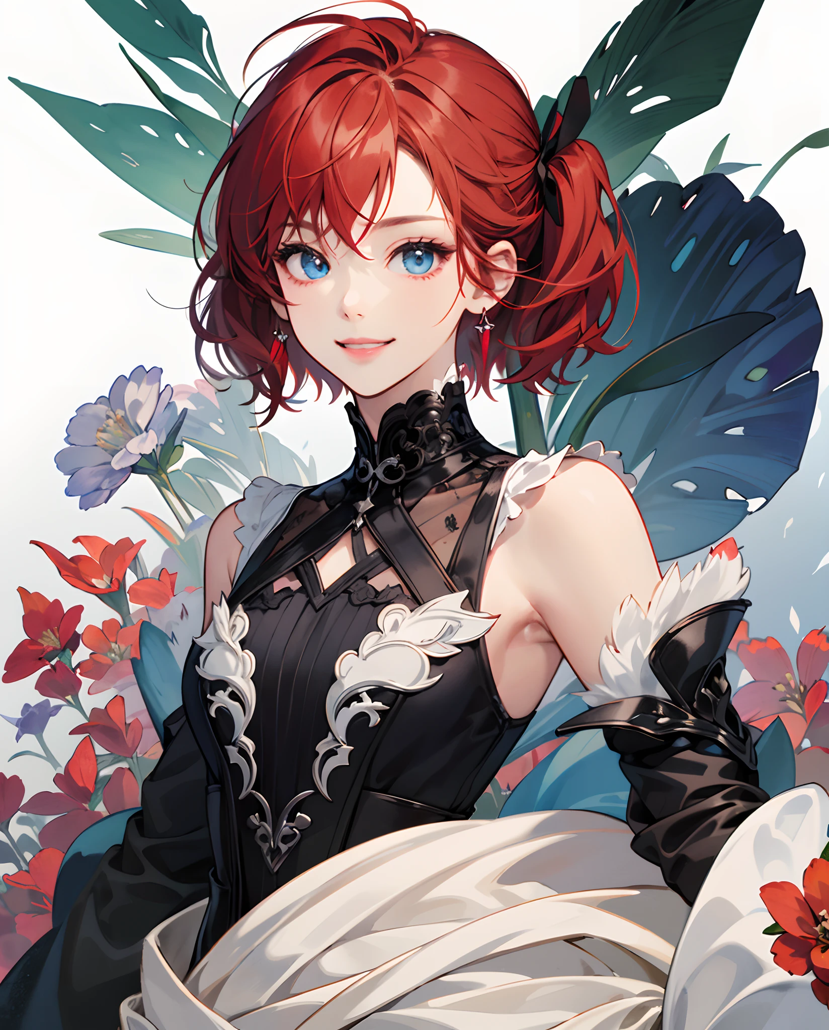 ​masterpiece、top-quality、超A high resolution、Girl in a long black dress、2D Beautiful Girl、soio、kindly smile、Red-haired、short-haired、Twin-tailed、Blue eyes、Eyes are drawn in detail、The face is depicted in detail、Clothes are depicted in detail、animesque、illustratio