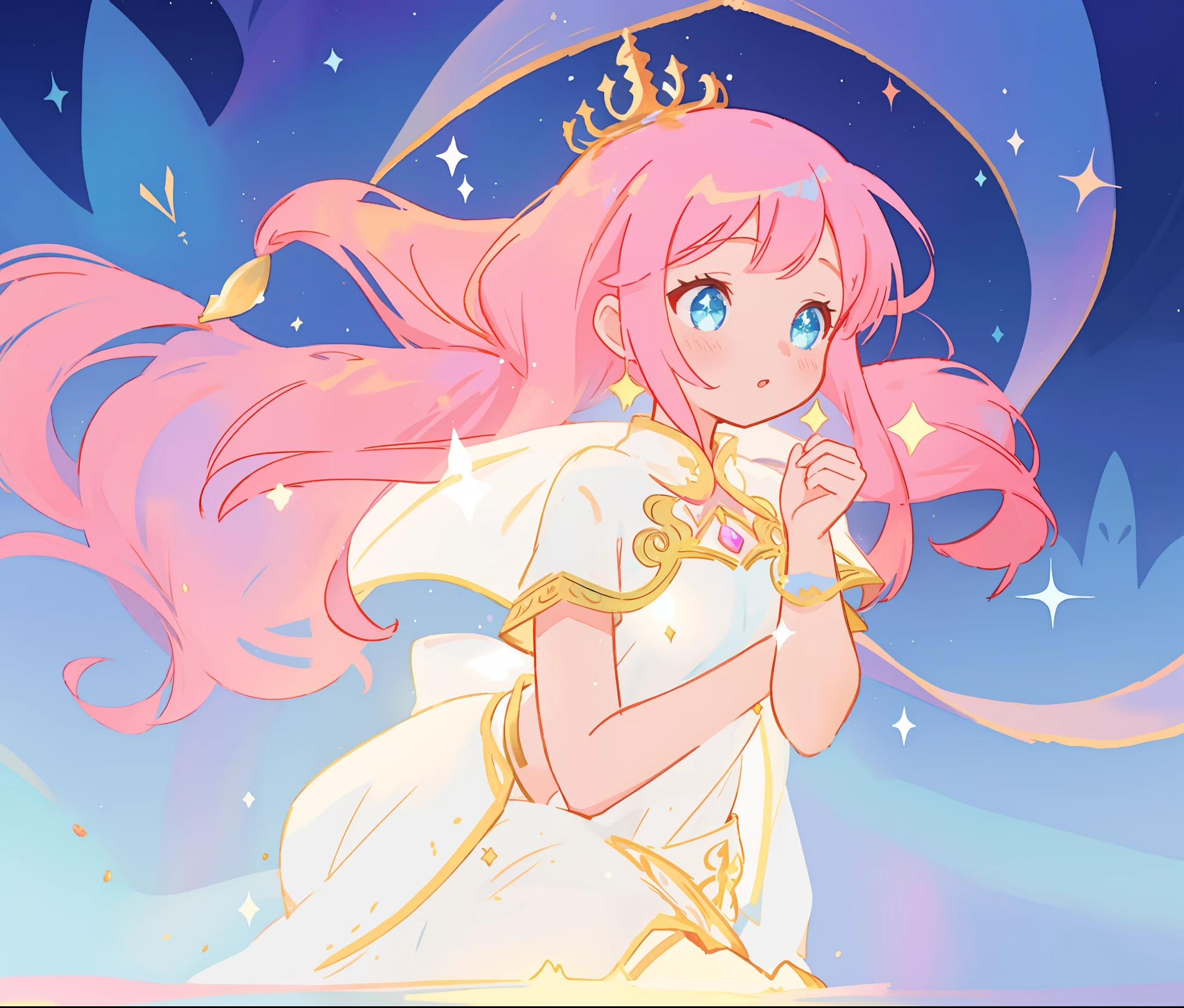 beautiful girl in white arabian dress, (arabian princess), (arabian dancer), (fantasy arabian dress), intricate dress design, long colorful sparkling pink hair, watercolor illustration, Lois van Baarle, glowing aura around her, Glen Keane, jen bartel, glowing hair, beautiful digital illustration, fantasia background, beautiful, masterpiece, best quality, anime disney style, (detailed eyes), golden ratio, perfect composition