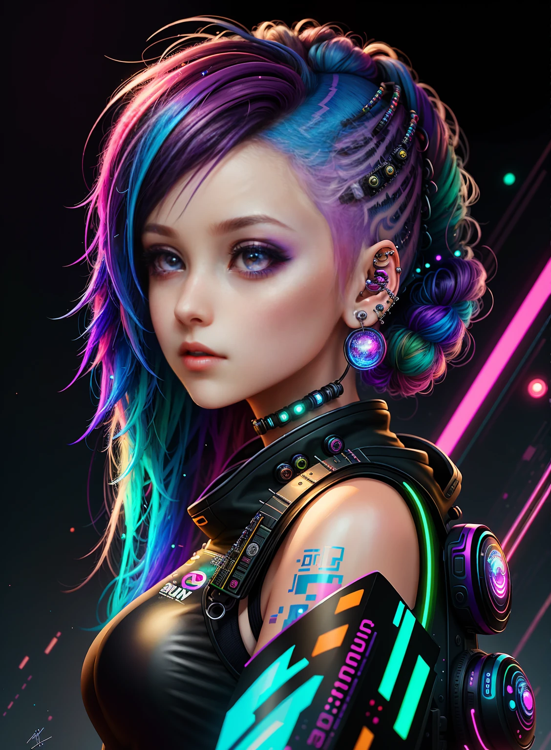 ((best quality)), ((masterpiece)), ((realistic)), (detailed), (1 girl) full body woman with colorful hair and piercings, dreamy cyberpunk girl, 4K high-detail digital art, stunning digital illustration, stunning 8K artwork, colorful digital fantasy art, colorful and dark, beautiful digital artwork, colorful digital painting, cyberpunk digital anime art, girl with luminous wave, 8K HD digital wallpaper art, gorgeous digital painting