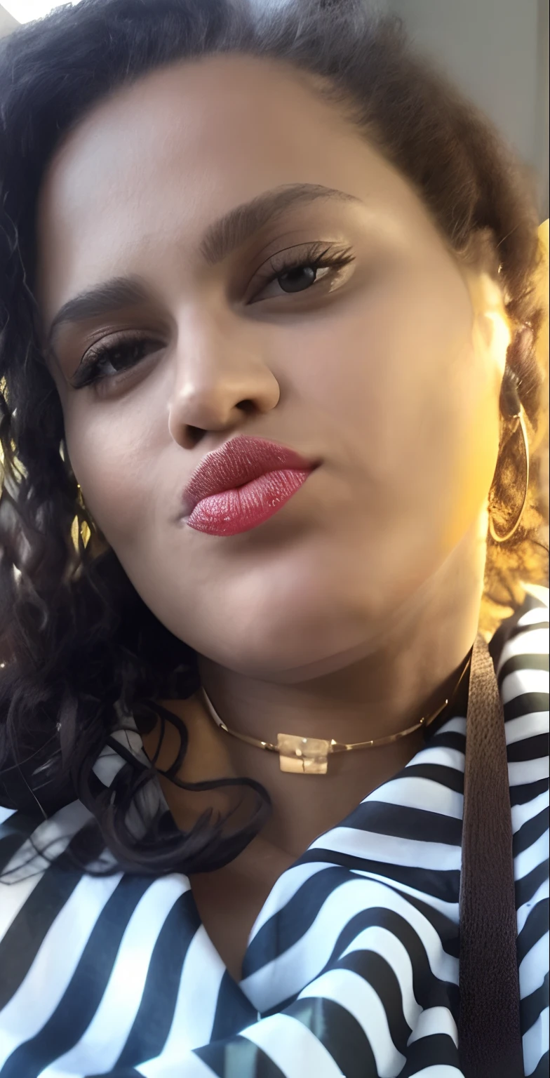 There's a woman with a striped shirt and a purse, thick lips, pursing lips, very full lips, pouty lips, neck zoomed in from lips down, full lips, foto do perfil, imagem de perfil, large juicy lips, Big Lips, lips slightly parted, separated-lips, quivering lips, Tongue out, small lips pointy nose