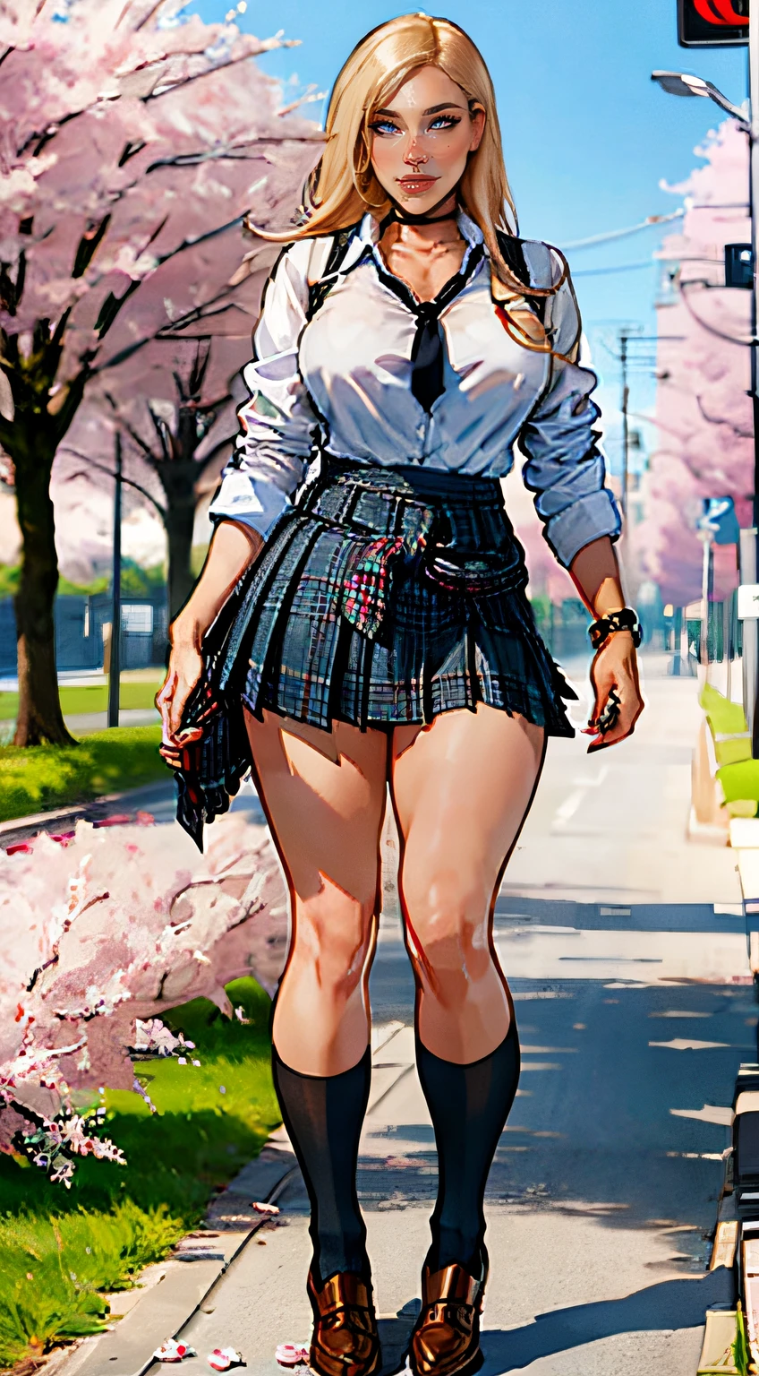 ch3rryg1g, masterpiece, best quality, full body, 1girl, bangs, black choker, black necktie, blonde hair, blue skirt, blush, bracelet, breasts, choker, clothes around waist, collarbone, collared shirt, cowboy shot, dress shirt, ear piercing, eyebrows visible through hair, gradient hair, grin, gyaru, jewelry, kogal, long hair, looking at viewer, loose necktie, necktie, piercing, plaid, plaid skirt, pleated skirt, red eyes, ring, school uniform, shirt, skirt, smile, solo, white shirt, street, sky, cherry blossoms, petals, fashionable, woman, outfit, posing, confident, expression, attention-grabbing, fashionable,