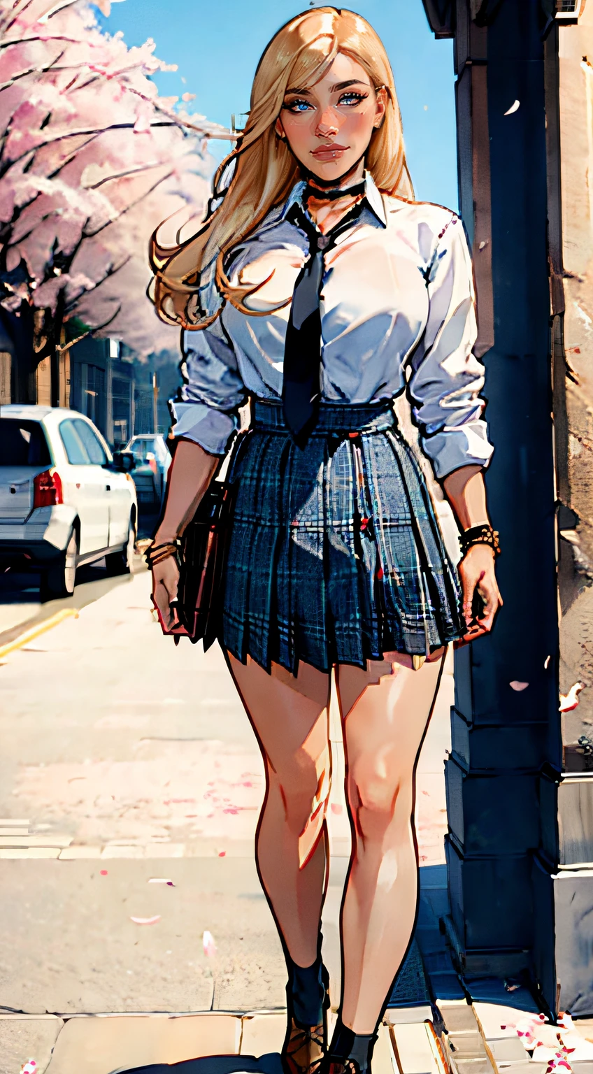 ch3rryg1g, masterpiece, best quality, full body, 1girl, bangs, black choker, black necktie, blonde hair, blue skirt, blush, bracelet, breasts, choker, clothes around waist, collarbone, collared shirt, cowboy shot, dress shirt, ear piercing, eyebrows visible through hair, gradient hair, grin, gyaru, jewelry, kogal, long hair, looking at viewer, loose necktie, necktie, piercing, plaid, plaid skirt, pleated skirt, red eyes, ring, school uniform, shirt, skirt, smile, solo, white shirt, street, sky, cherry blossoms, petals, fashionable, woman, outfit, posing, confident, expression, attention-grabbing, fashionable,