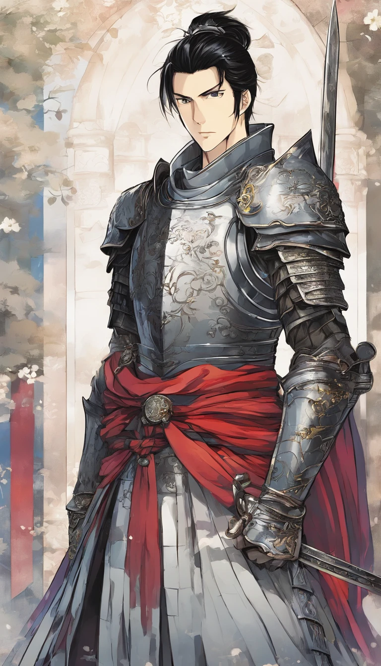 Tall handsome guy knight, His black hair is tied up in a ponytail at the back of his head, Fine steel armor from the 14th century, Decorated sword, Standing close to the king in the tournament
