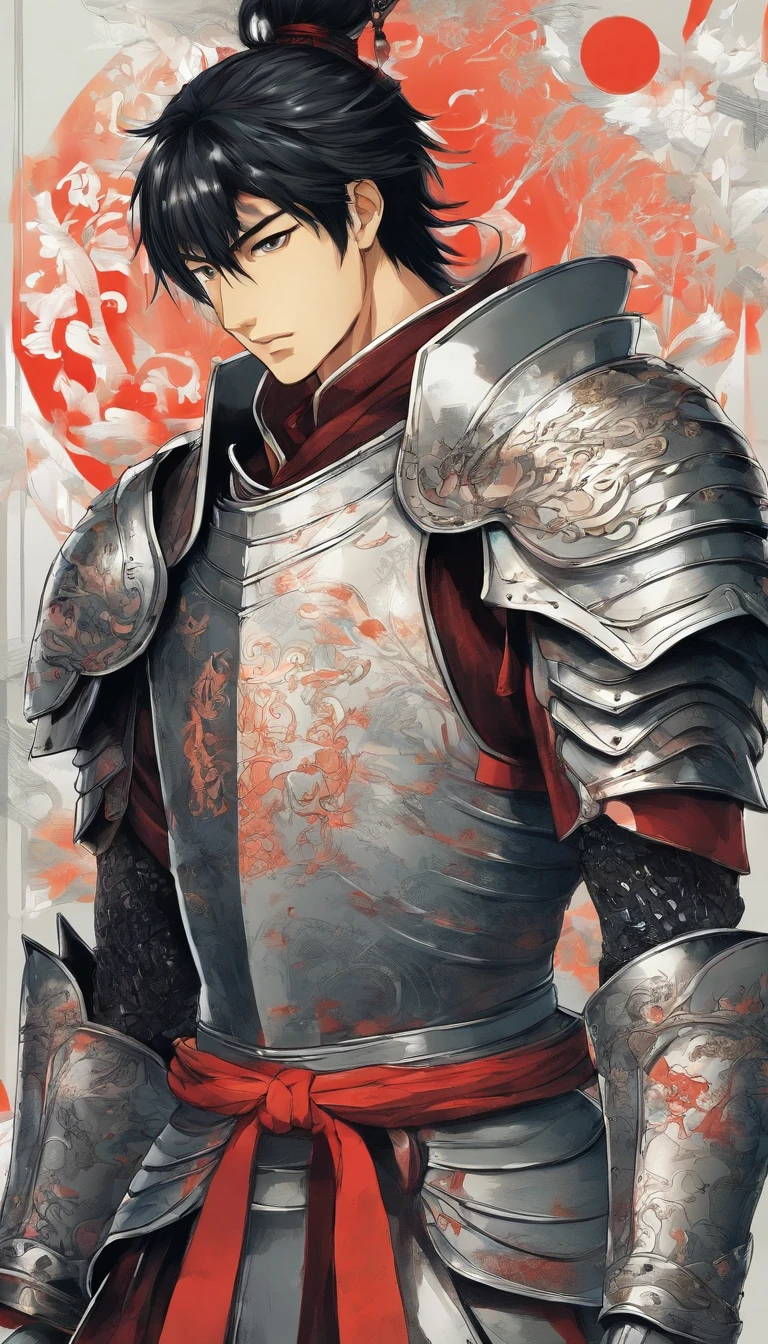 Tall handsome guy knight, His black hair is tied up in a ponytail at the back of his head, Fine steel armor from the 14th century, Decorated sword, Standing close to the king in the tournament