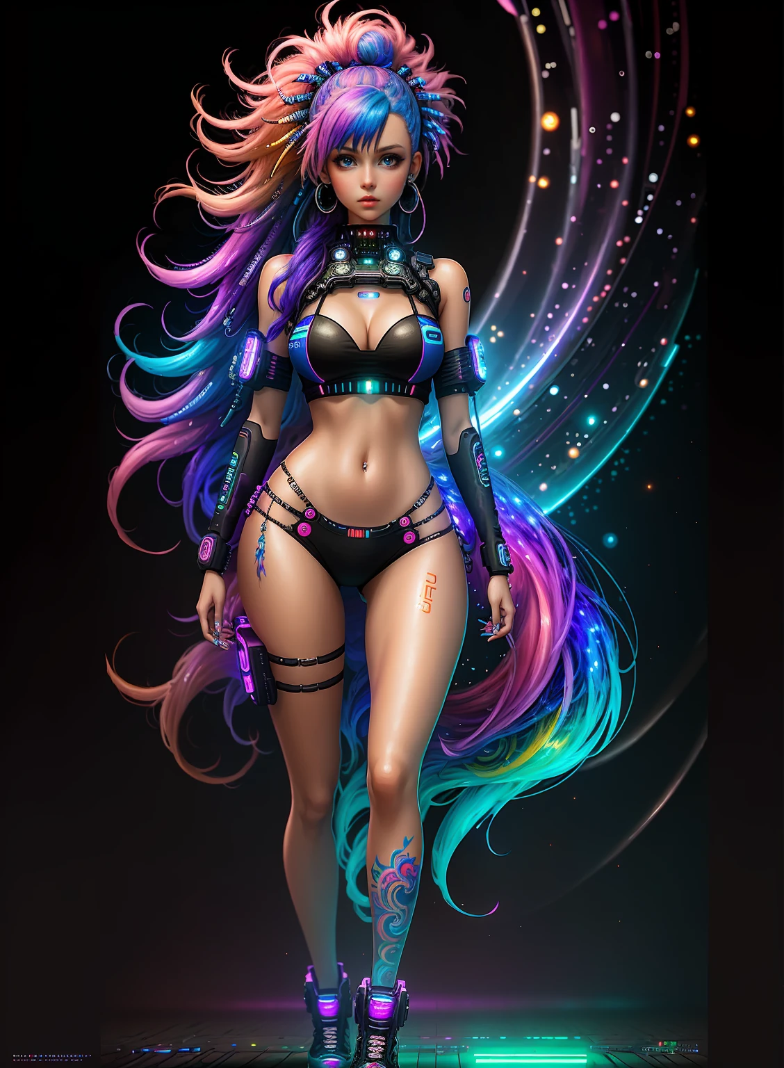 ((best quality)), ((masterpiece)), ((realistic)), (detailed), (1 girl), ((full body:1.4)), woman with colorful hair and piercings, dreamy cyberpunk girl, 4K high-detail digital art, stunning digital illustration, stunning 8K artwork, colorful digital fantasy art, colorful and dark, beautiful digital artwork, colorful digital painting, cyberpunk digital anime art, girl with luminous wave, 8K HD digital wallpaper art, gorgeous digital painting