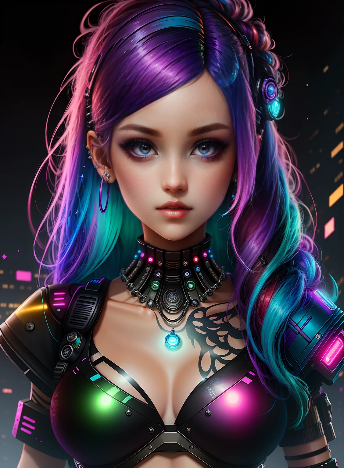 ((best quality)), ((masterpiece)), ((realistic)), (detailed), (1 girl), ((full body:1.4)), woman with colorful hair and piercings, dreamy cyberpunk girl, 4K high-detail digital art, stunning digital illustration, stunning 8K artwork, colorful digital fantasy art, colorful and dark, beautiful digital artwork, colorful digital painting, cyberpunk digital anime art, girl with luminous wave, 8K HD digital wallpaper art, gorgeous digital painting