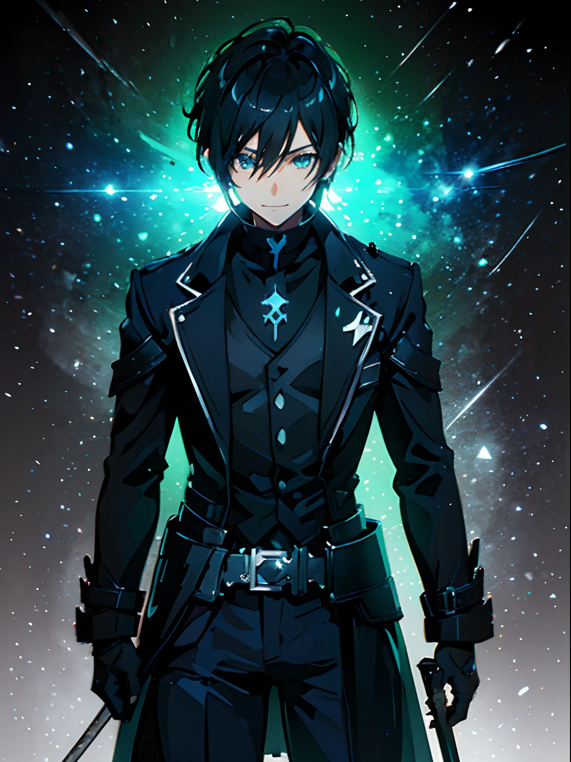 Kirito, anime style cool guy, sword art online, black slim armor, black trench coat, 1boy, looking at viewer, standing, thinking, smiling, upper body, ultra-detailed, Simple background, high quality, high resolution, masterpiece, best quality, (extremely detailed CG unity 8k wallpaper, masterpiece, best quality, ultra-detailed, best shadow), (detailed background), (beautiful detailed face, beautiful detailed eyes), High contrast,