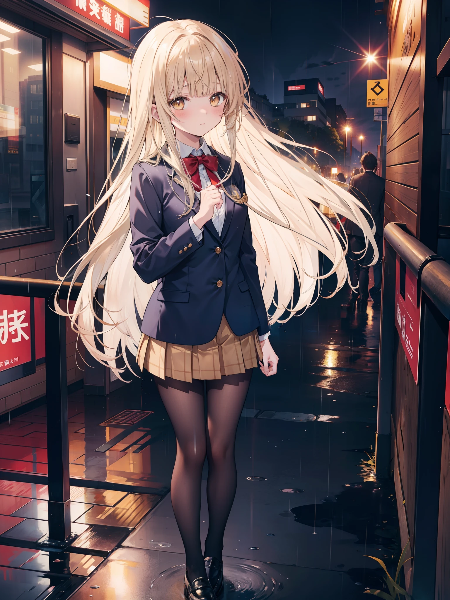 Shiina Mahiru, a good looking girl (long blonde hair with square bangs, big golden yellow eyes, blushing), wearing a school uniform (blue blazer with white shirt, red bow tie, brown mini skirt, black pantyhose, brown shoes) , standing alone (in a city on a rainy day), looking at the camera, masterpiece, anime art style, detailed background, detailed rain effect