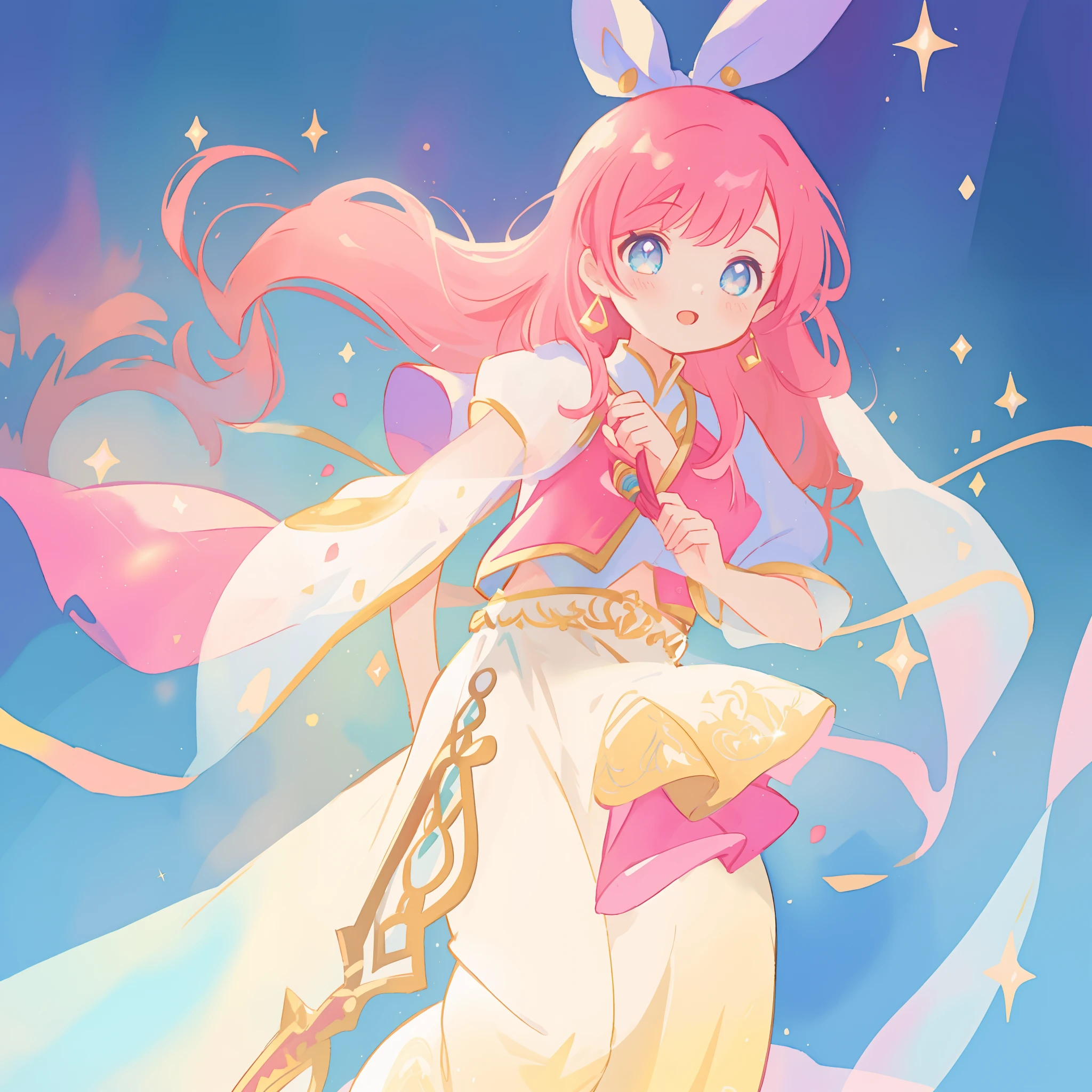 beautiful girl in white arabian two-piece dress, (arabian princess), (arabian dancer), (fantasy arabian dress),long colorful sparkling pink hair, watercolor illustration, Lois van Baarle, glowing aura around her, Glen Keane, jen bartel, glowing hair, beautiful digital illustration, fantasia background, beautiful, masterpiece, best quality, anime disney style, (detailed eyes), golden ratio, perfect composition
