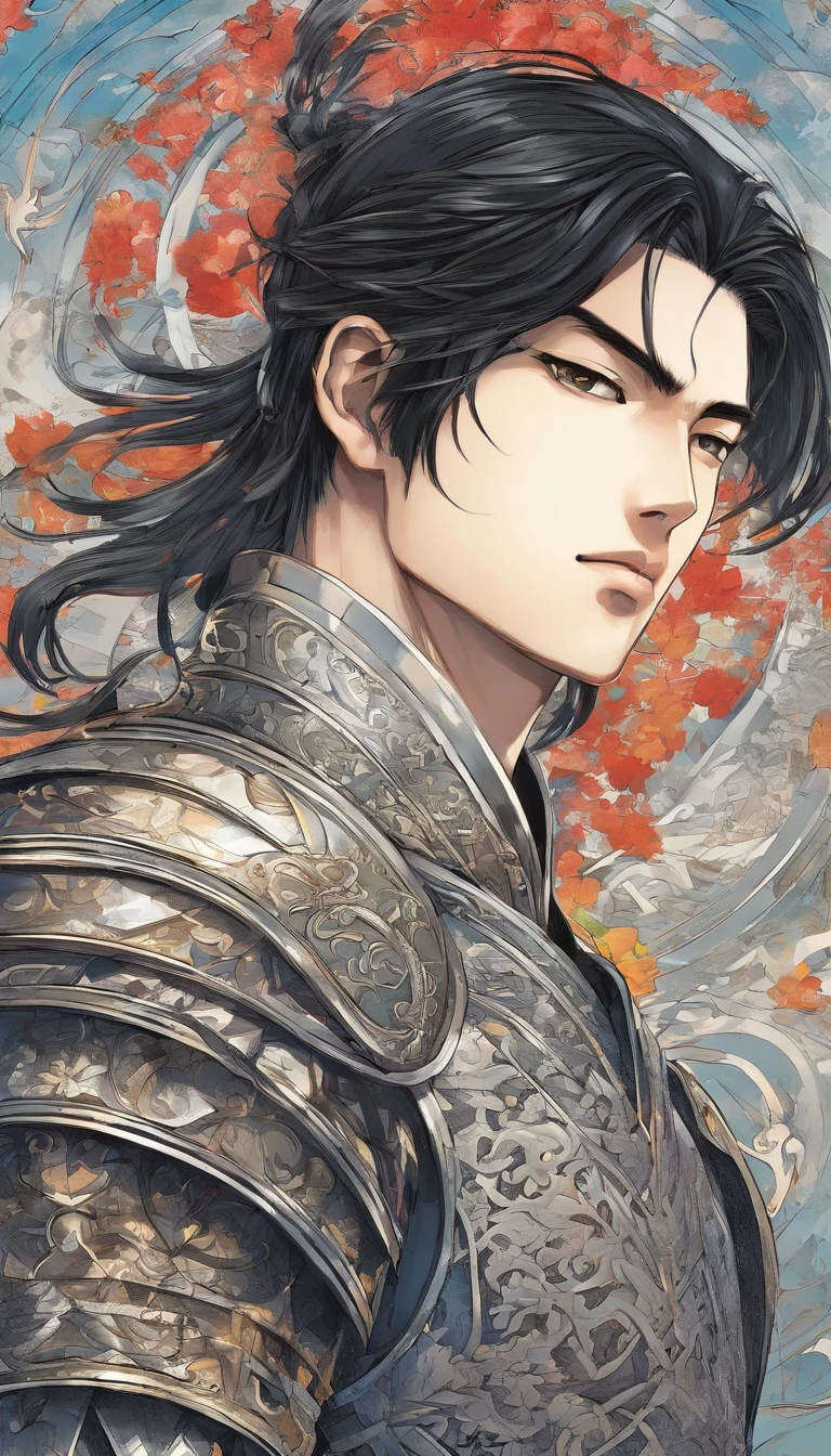 Tall handsome guy knight, His black hair is tied up in a ponytail at the back of his head, Fine steel armor from the 14th century, Decorated Sword, Standing next to the king in a tournament