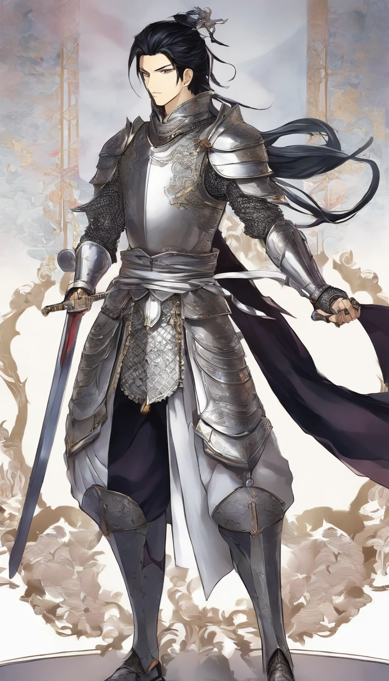 Tall handsome guy knight, His black hair is tied up in a ponytail at the back of his head, Fine steel armor from the 14th century, Decorated Sword, Standing next to the king in a tournament