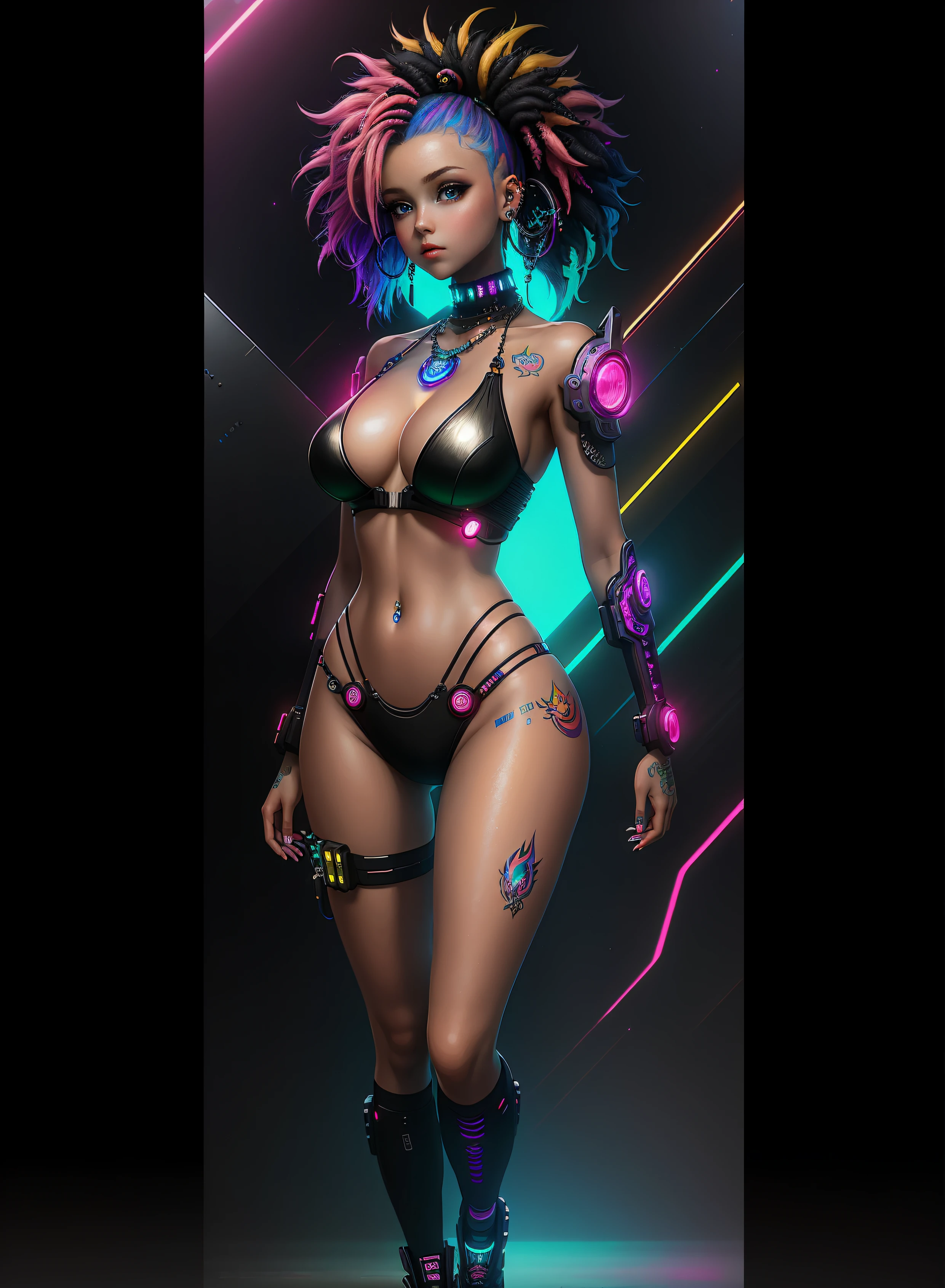 ((best quality)), ((masterpiece)), ((realistic)), (detailed), (1 girl), ((full body:1.4)), woman with colorful hair and piercings, dreamy cyberpunk girl, 4K high-detail digital art, stunning digital illustration, stunning 8K artwork, colorful digital fantasy art, colorful and dark, beautiful digital artwork, colorful digital painting, cyberpunk digital anime art, girl with luminous wave, 8K HD digital wallpaper art, gorgeous digital painting