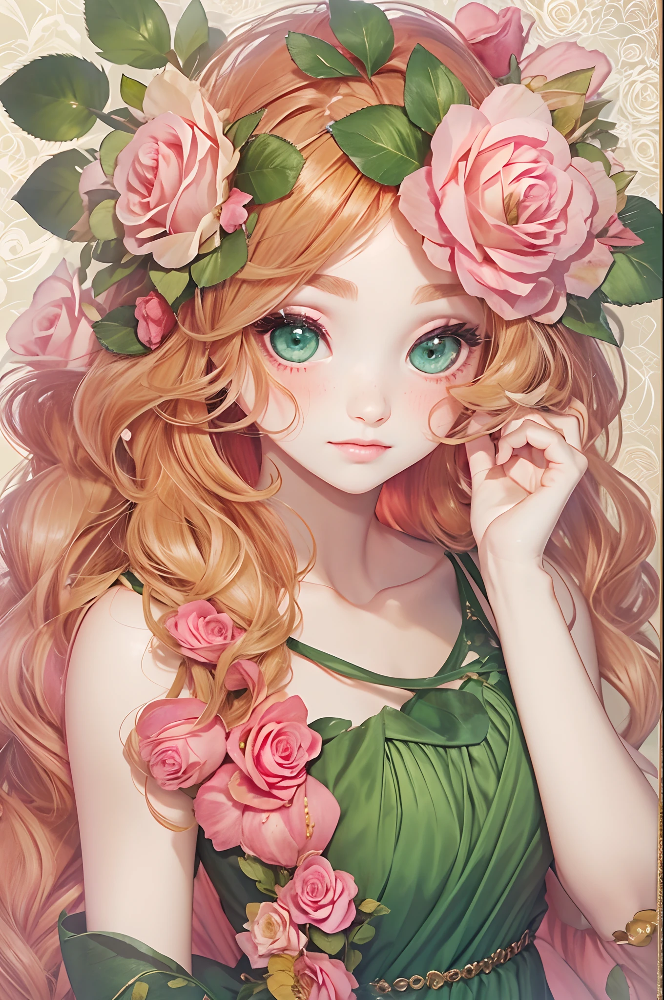 beautiful, adult, strawberry blonde, side part hairstyle, dark green eyes, flower crown, pink roses, dress, fantasy