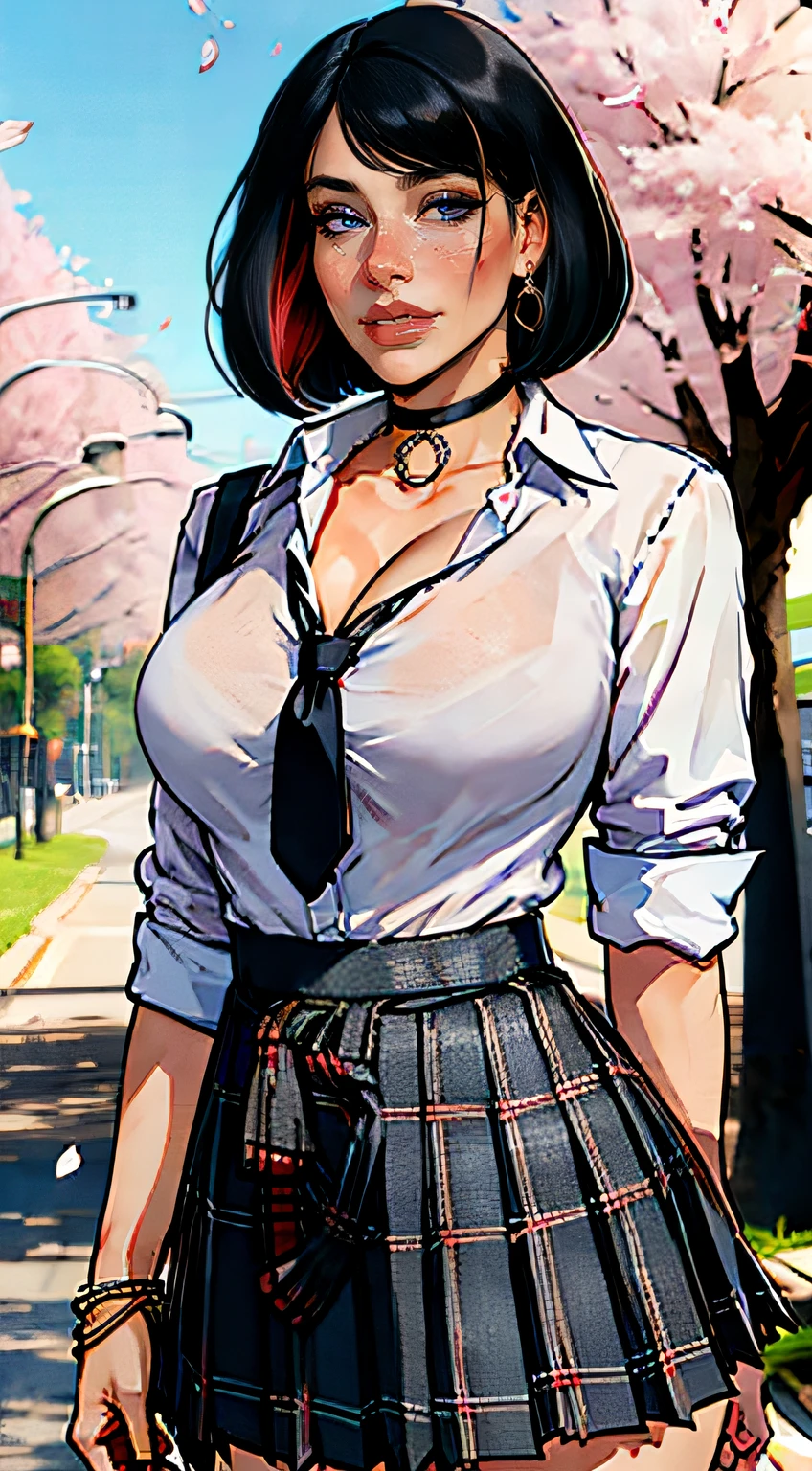 ch3rryg1g, masterpiece, best quality, 1girl, giant breasts, cleavage, bangs, black choker, black necktie, black hair, bob cut, blue skirt, blush, bracelet, choker, clothes around waist, collarbone, open collared shirt, cowboy shot, dress shirt, ear piercing, eyebrows visible through hair, gradient hair, grin, gyaru, jewelry, kogal, long hair, looking at viewer, loose necktie, necktie, piercing, plaid, plaid skirt, pleated skirt, ring, school uniform, shirt, skirt, smile, solo, white shirt, street, sky, cherry blossoms, petals, fashionable, woman, outfit, posing, confident, expression, full lips, pink lipstick