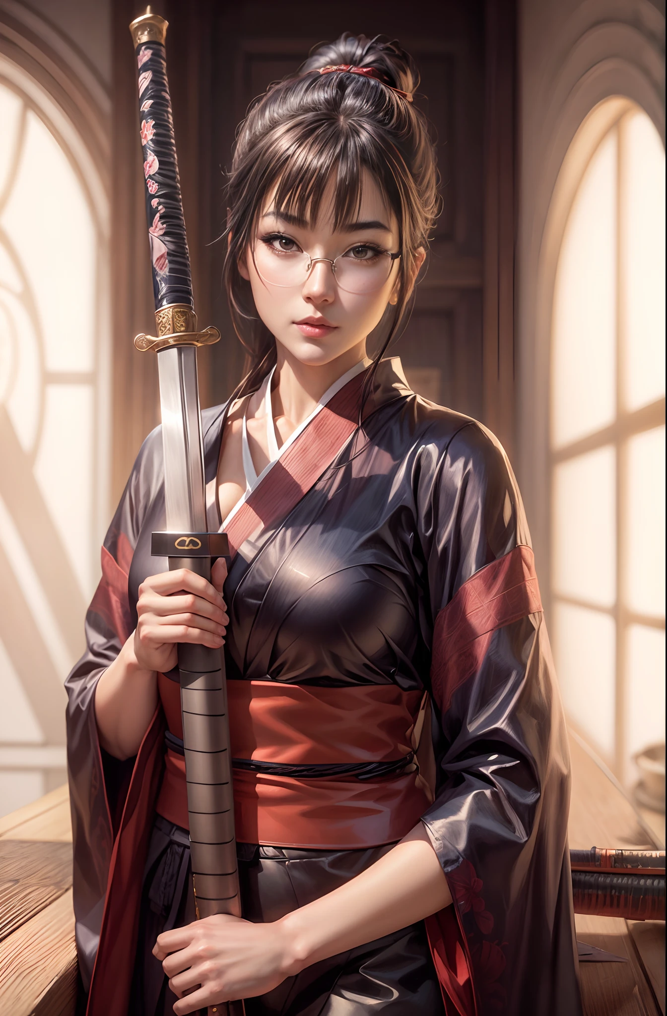 a hot woman, full lips, full breasts, silky skin, wearing glasses, wearing a kimono, and holding a drawn sword in a room, she is holding a katana sword, Japanese goddess, holding a sword on her shoulder, masayoshi suto and artgerm, drawing her katana, she is holding a sword, holding katana, katana, artgerm. anime illustration, extremely detailed artgerm.