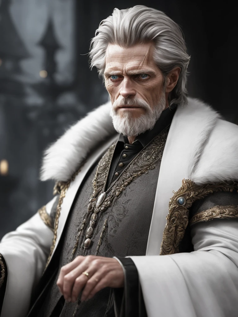 (Highest quality:1.3), cinematic shot, masterpiece, (sharp focus:1.5), (photorealistic:1.3), medium portrait of (a weary-looking but still proud and fierce-looking old Willem DaFoe, now the leader of his village, dressed in elaborately detailed (white suit:1.1), in the lavish castle, giving the scene a dark atmosphere but sculpting the forms in sharp chiaroscuro), it is night time, (highly detailed skin), (detailed face), detailed background, dark lighting, twilight lighting, volumetric lighting, intricate details, UHD,